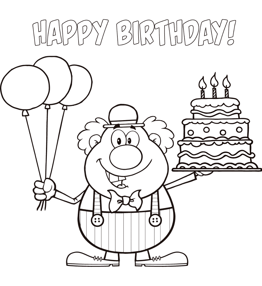 Happy Birthday Clown With Balloons And Cake Coloring Page Md Coloring Page — Free Printable — free printable coloring page
