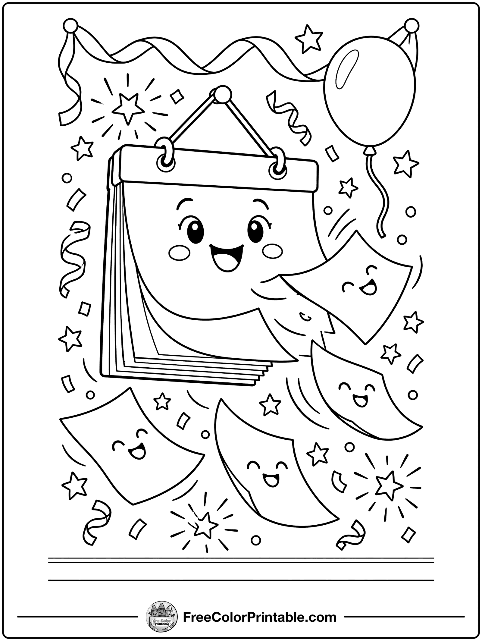 Calendar Pages Flying Away Coloring Page — free color printable