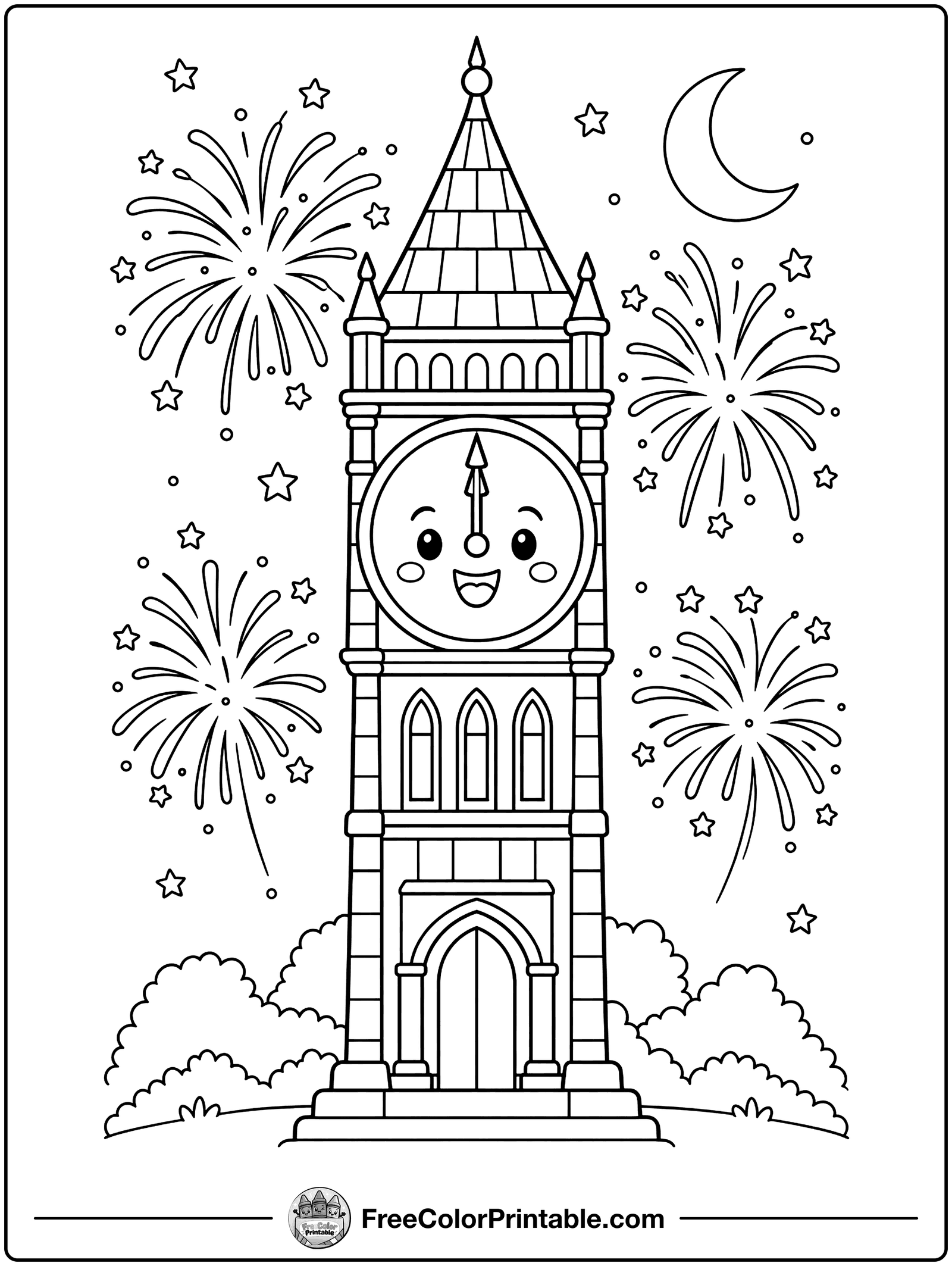 Clock Tower at Midnight Coloring Page — free color printable