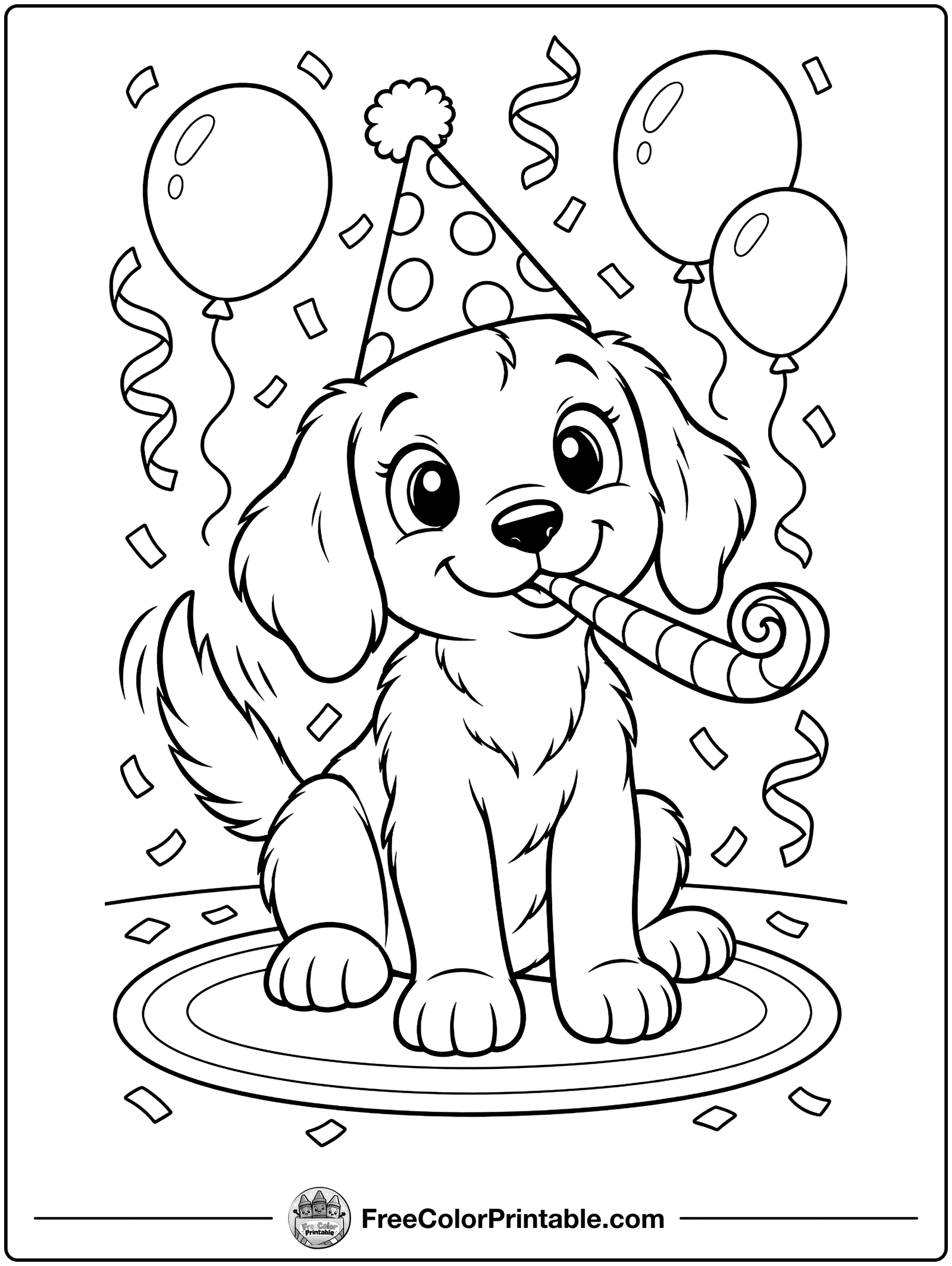 Puppy with a Party Blower Coloring Page — free color printable