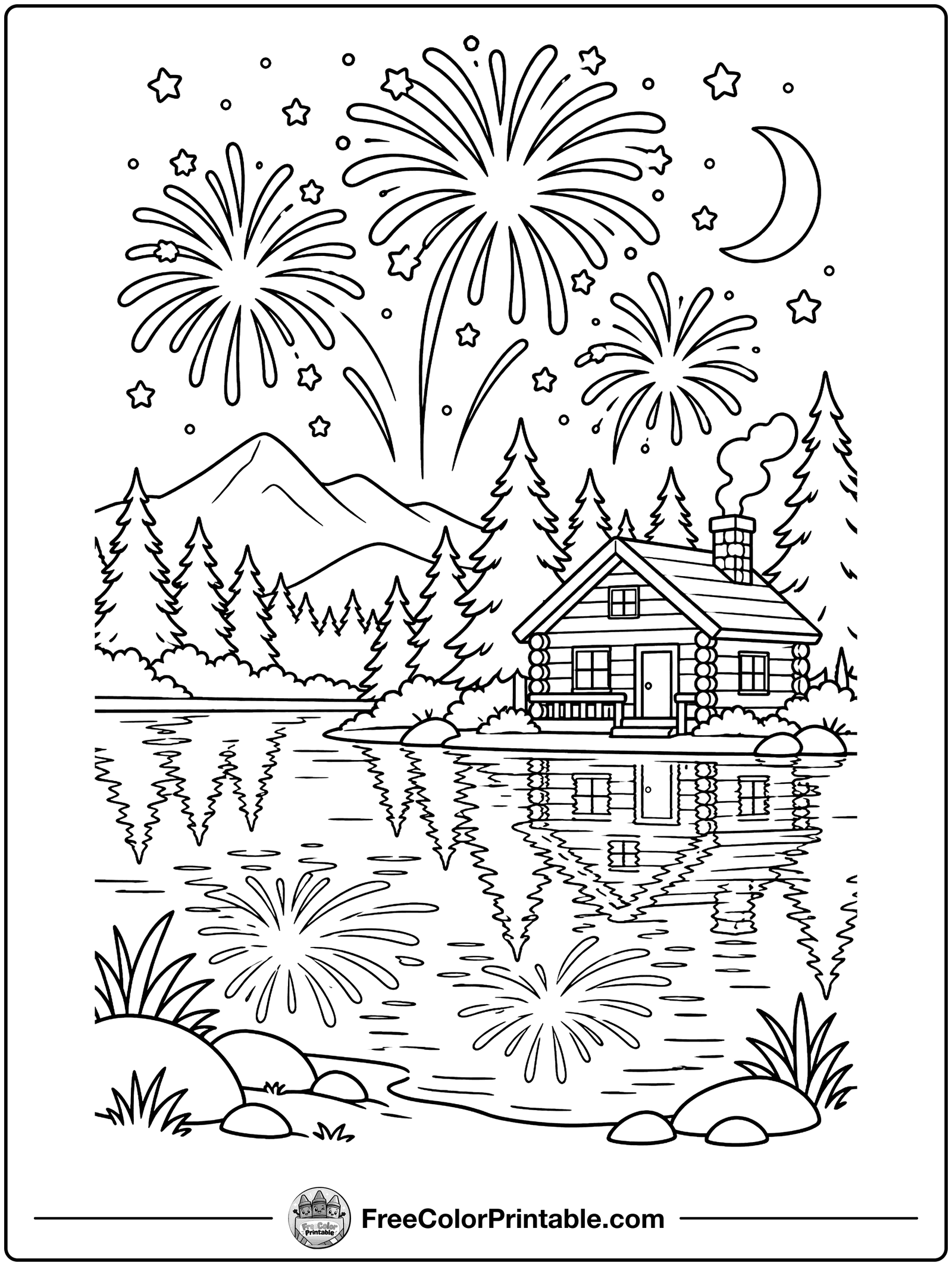 Fireworks over the Lake Coloring Page — free color printable