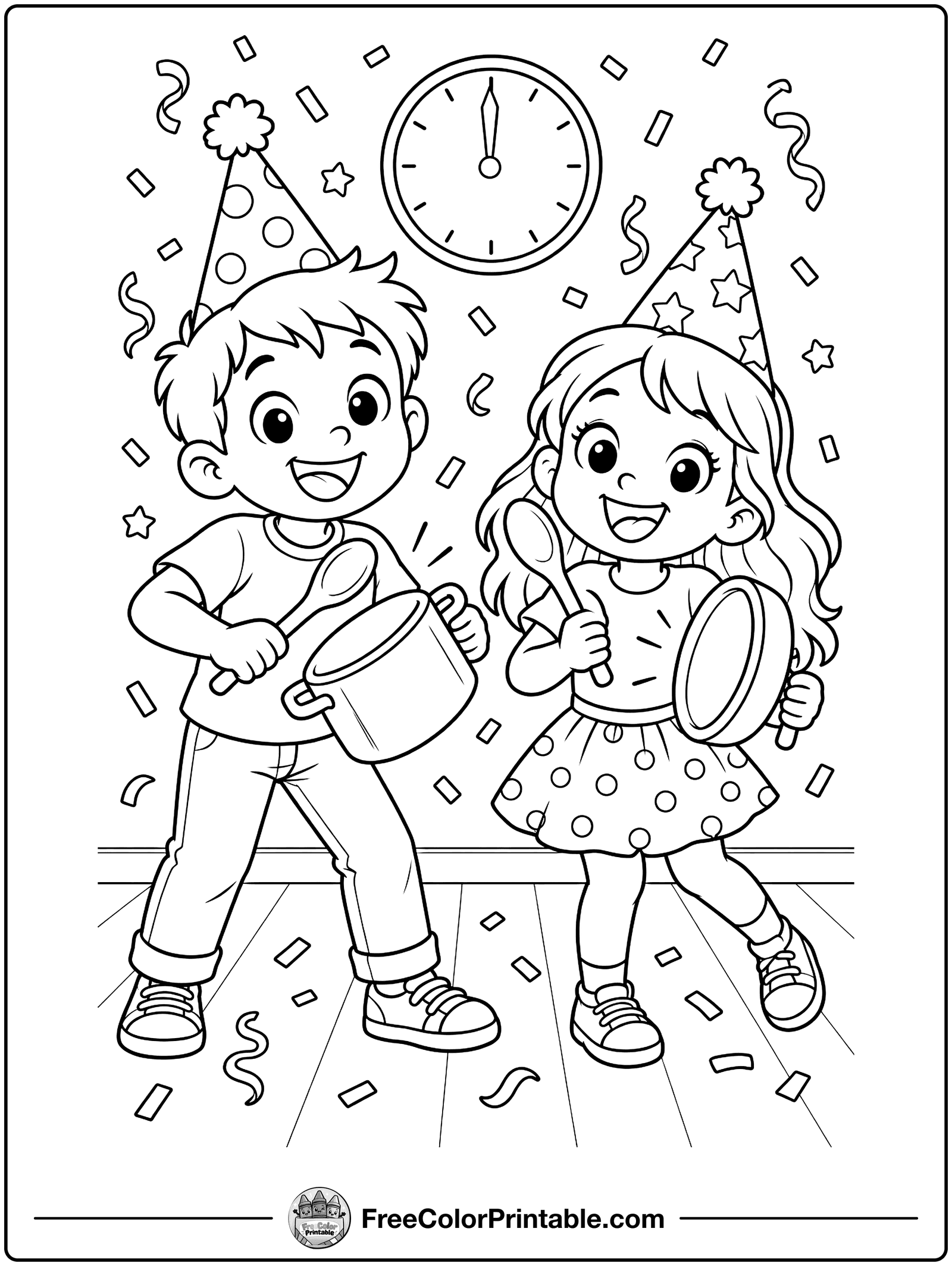 Kids Banging Pots and Pans Coloring Page — free color printable