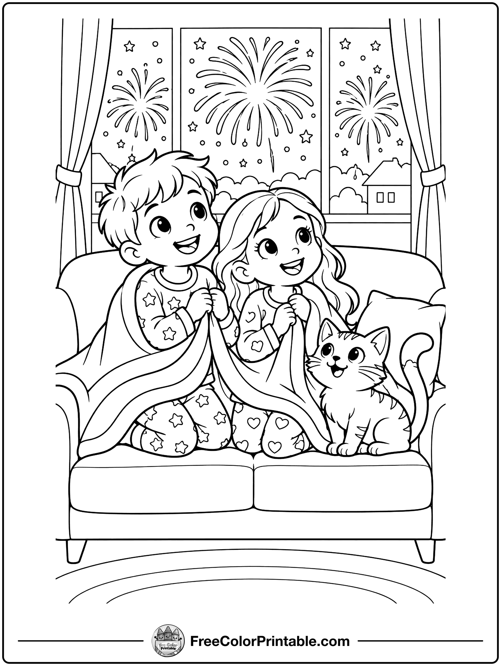 Kids Watching Fireworks from a Window Coloring Page — free color printable