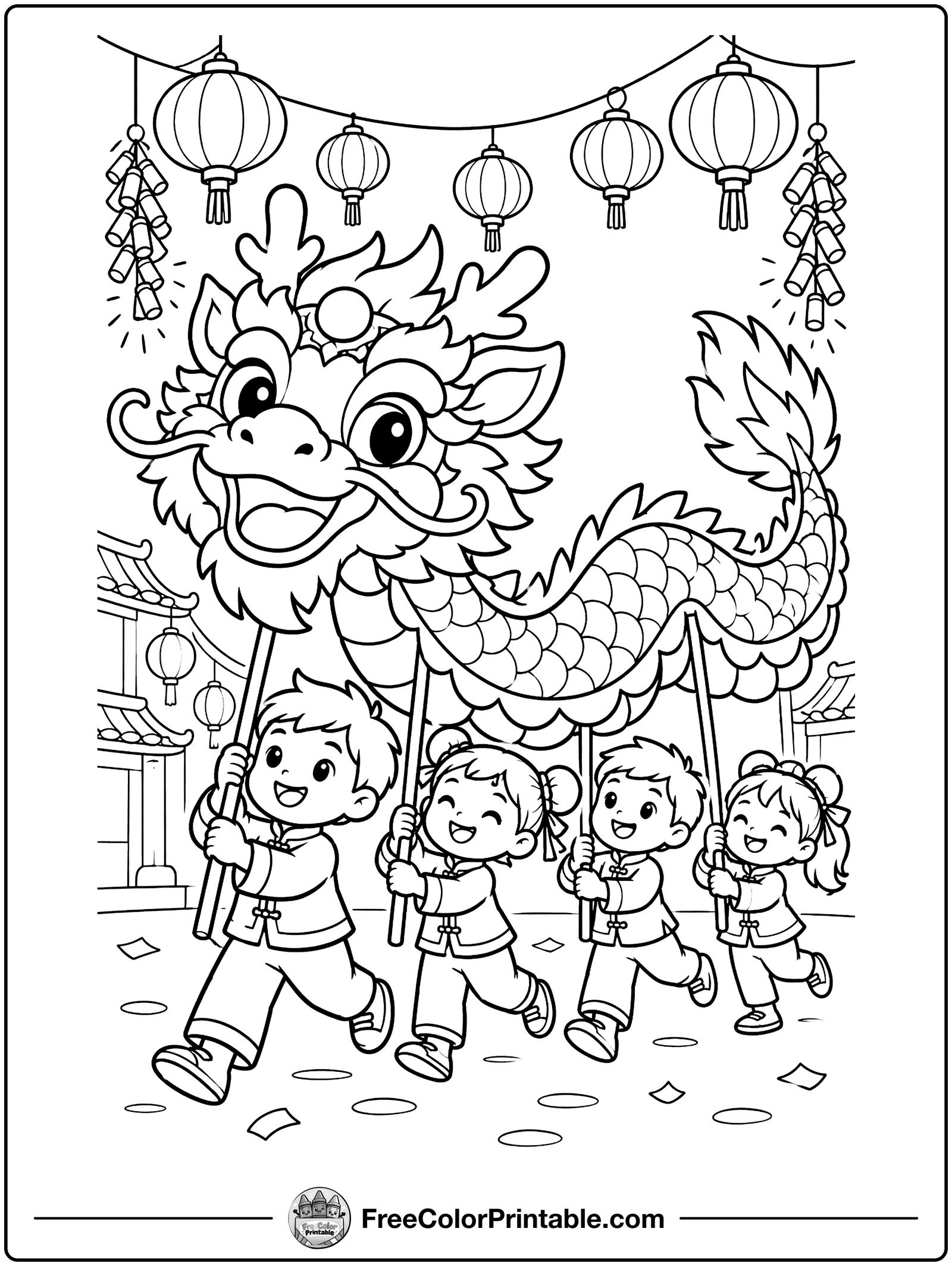 Lunar New Year Dragon Dance Coloring Page — free color printable