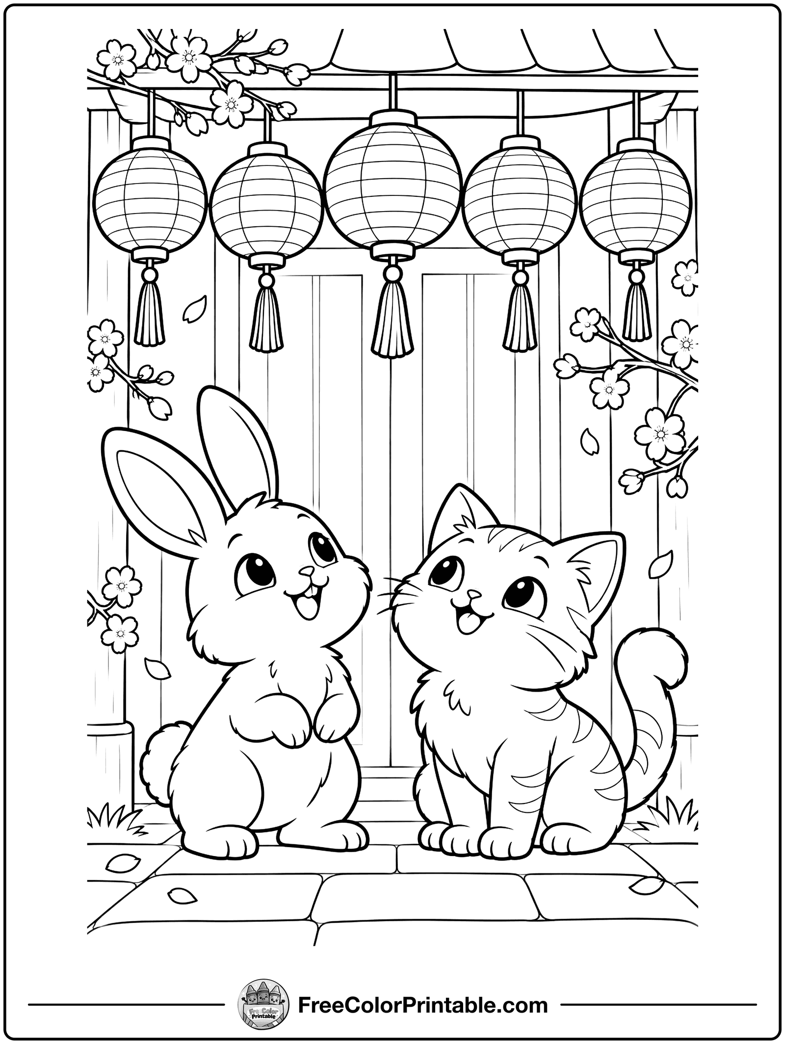 Lunar New Year Lanterns Coloring Page — free color printable from FreeColorPrintable