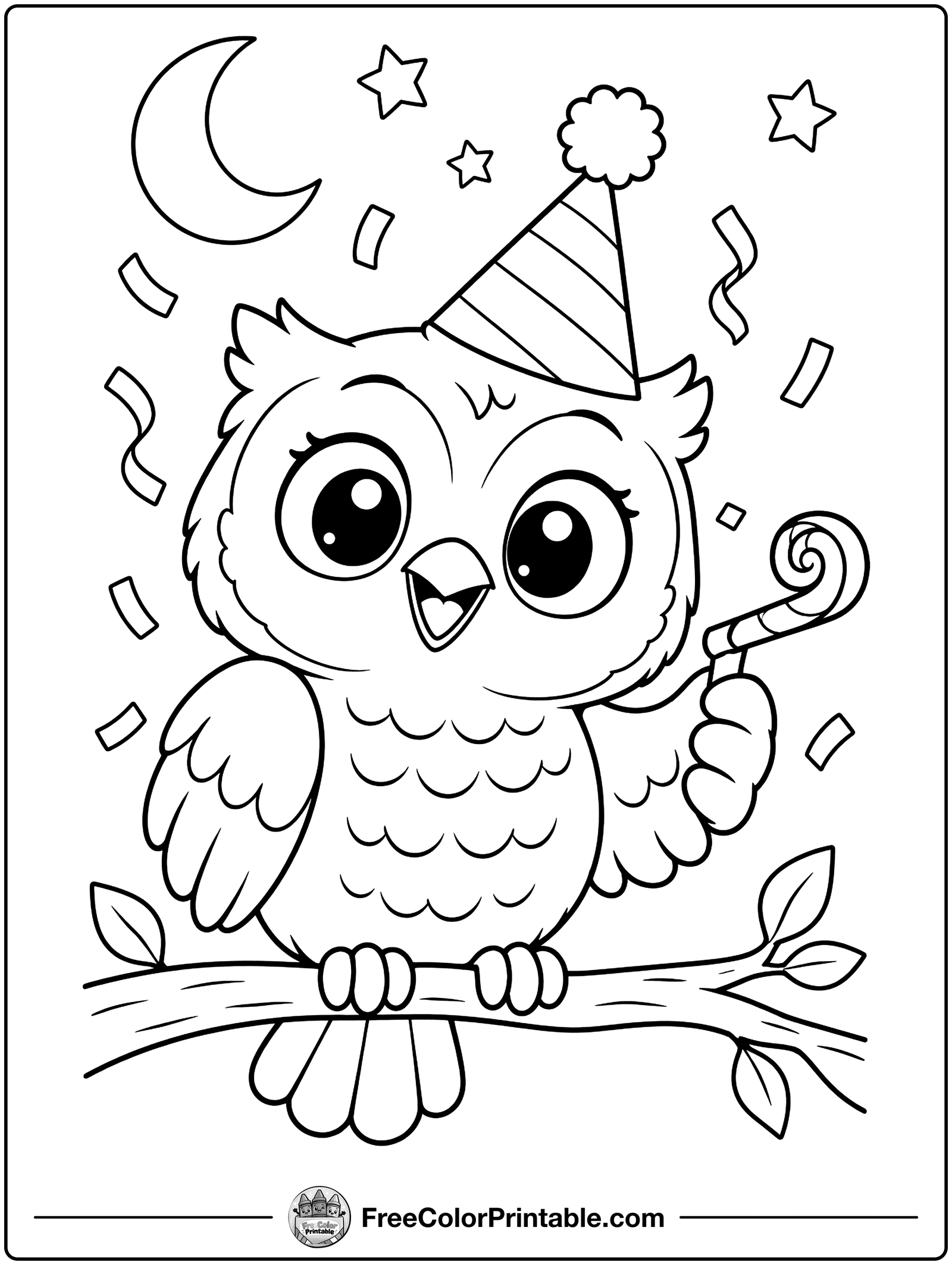 Owl in a Party Hat Coloring Page — free color printable