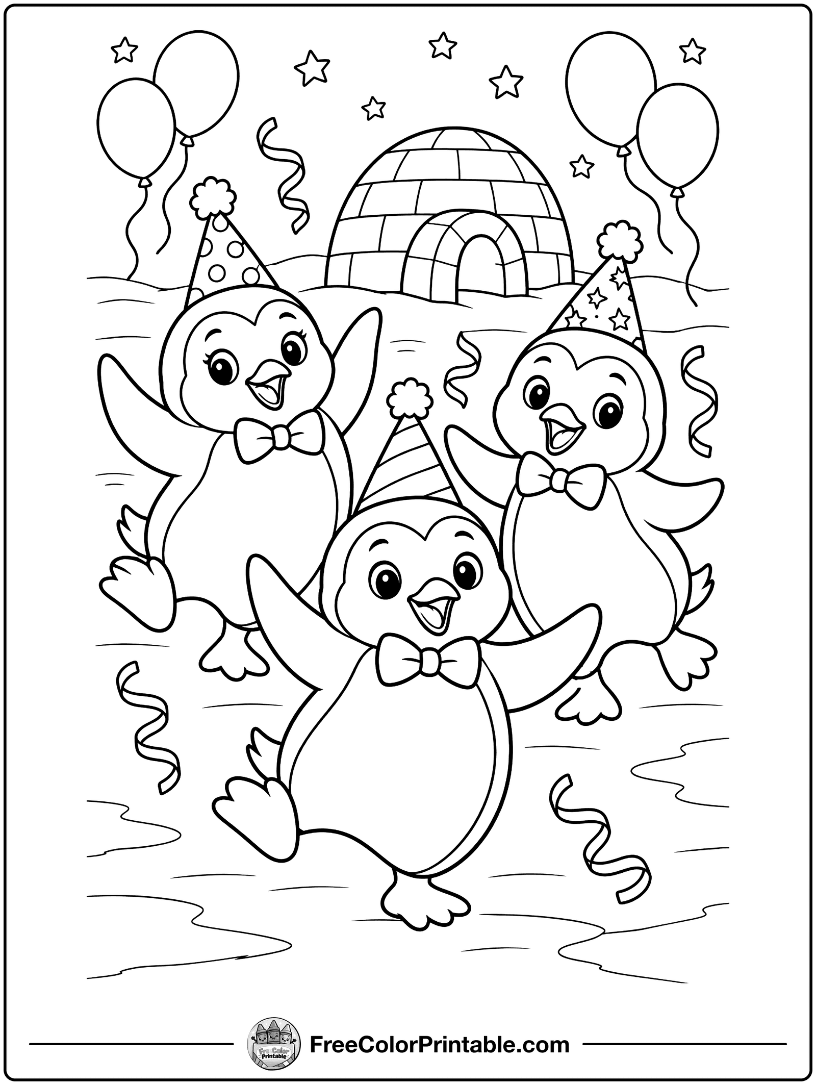 Penguin New Year's Party Coloring Page — free color printable