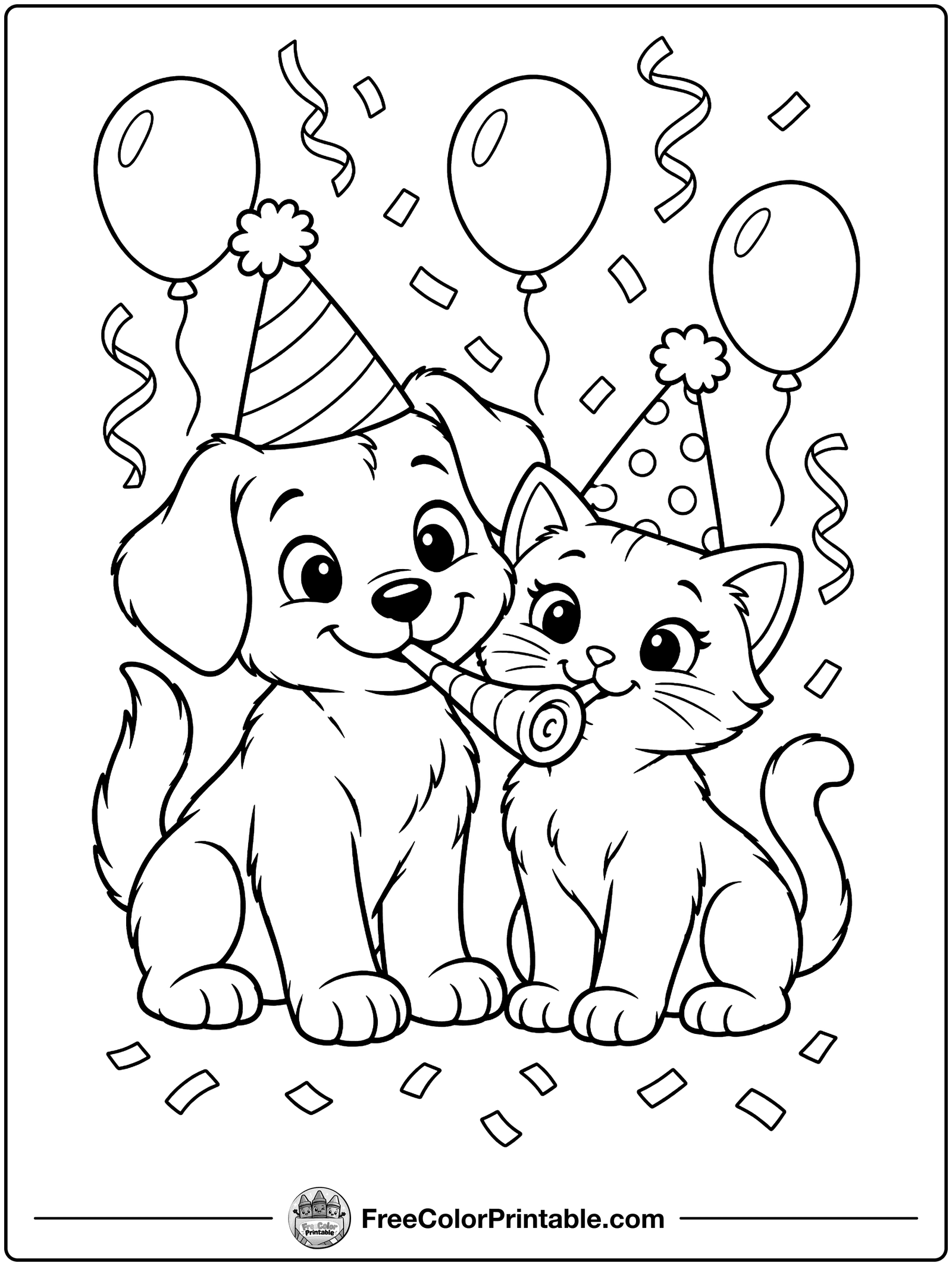 Puppy and Kitten New Year's Party Coloring Page — free color printable