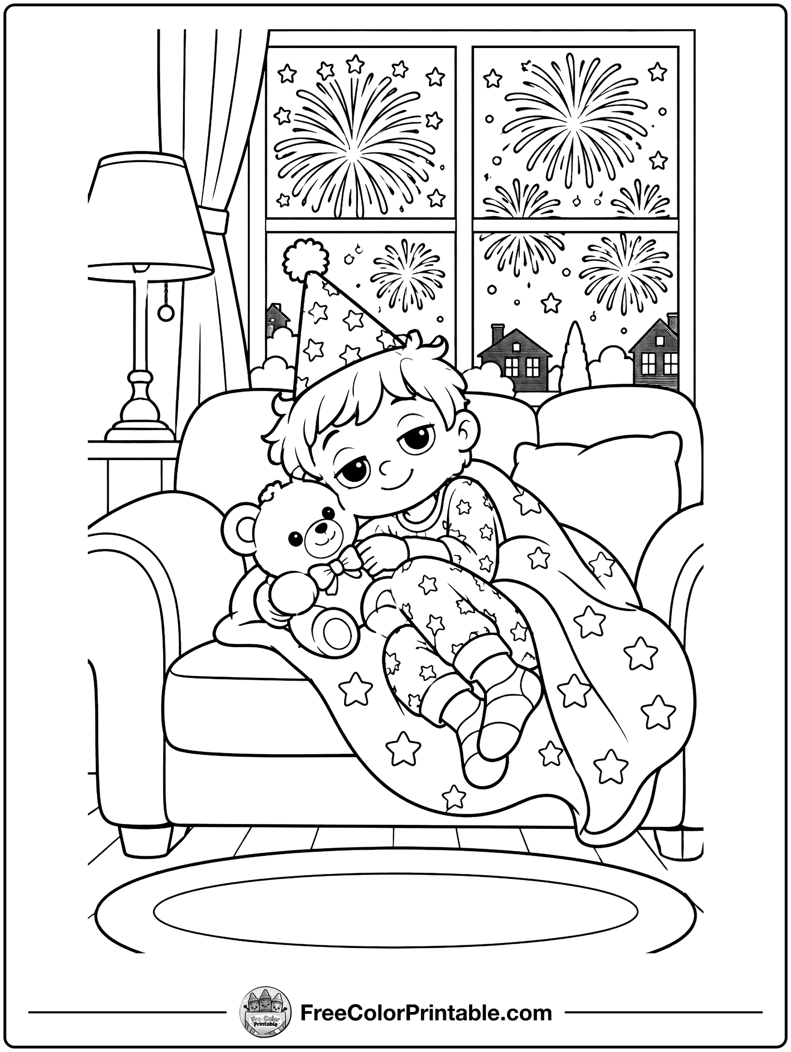 Sleepy Kid Waiting for Midnight Coloring Page — free color printable