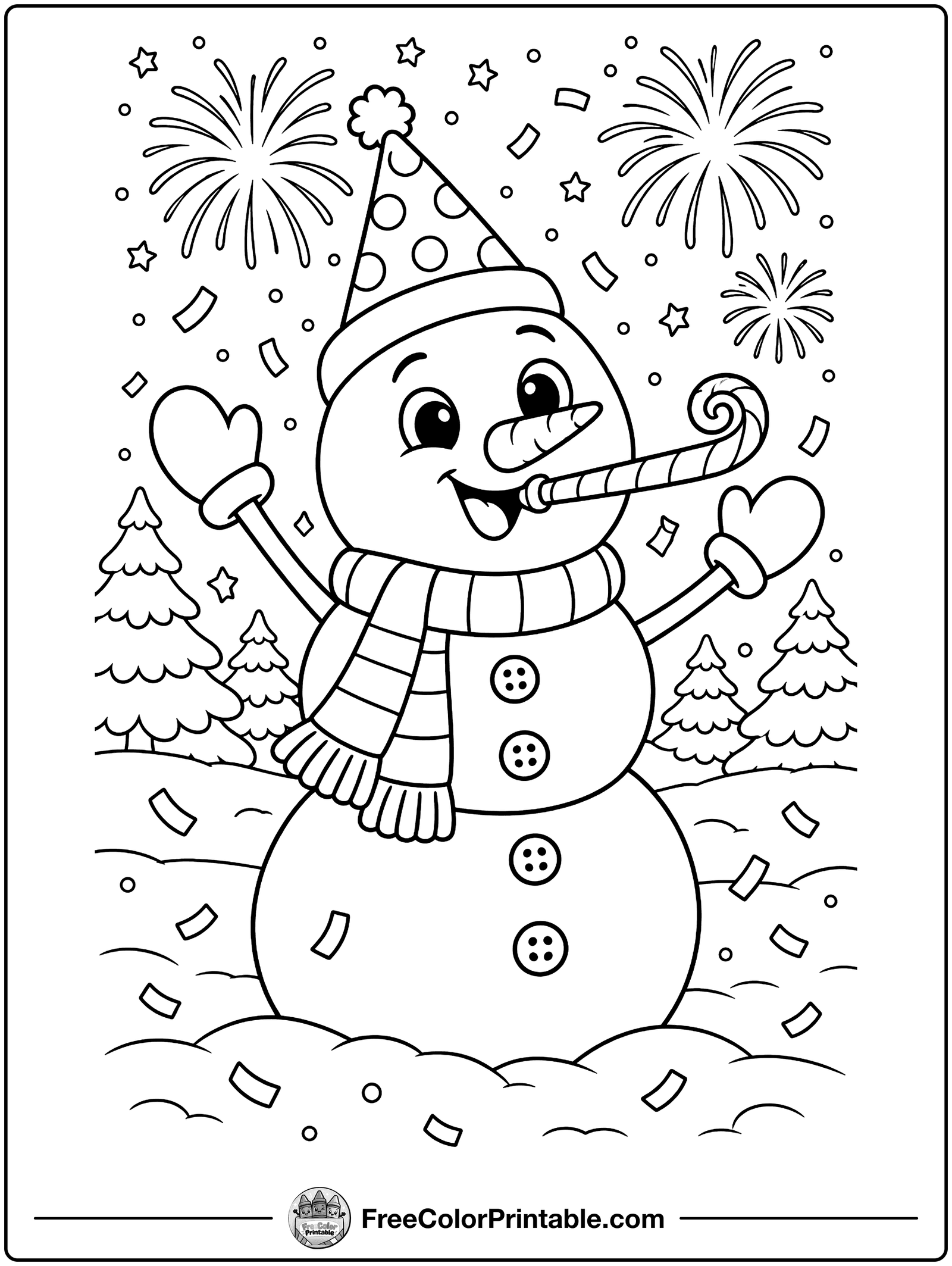 Snowman in a Party Hat Coloring Page — free color printable