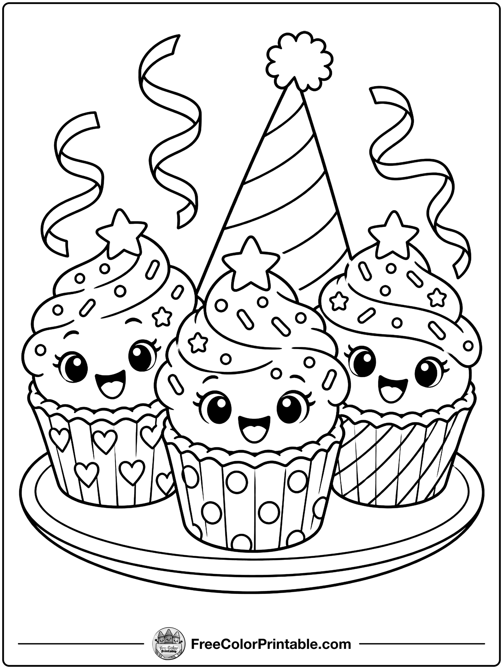Star-Topped Party Cupcakes Coloring Page — free color printable