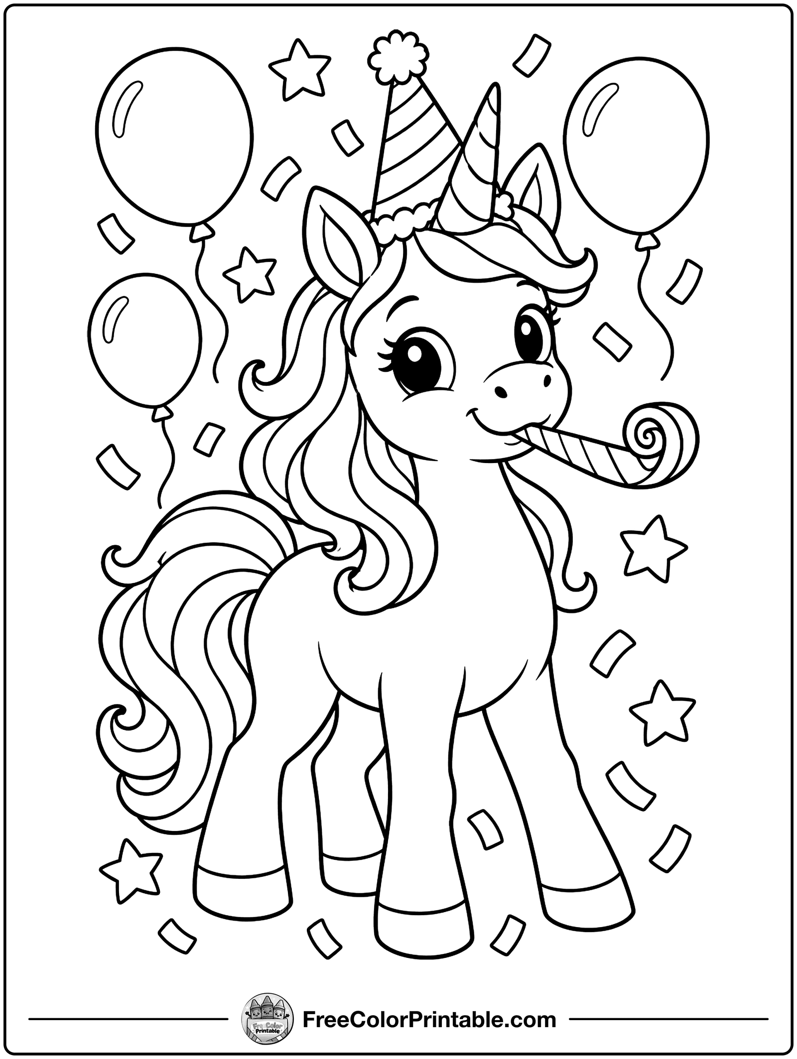 Unicorn in a Party Hat Coloring Page — free color printable