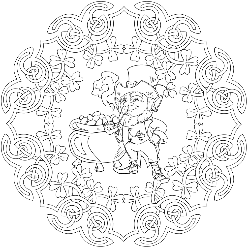 Mandala With St Patrick Elements Like Celtic Knot Old Leprechaun And Pot Of Gold Coloring Page Md Coloring Page — Free Printable — free printable coloring page