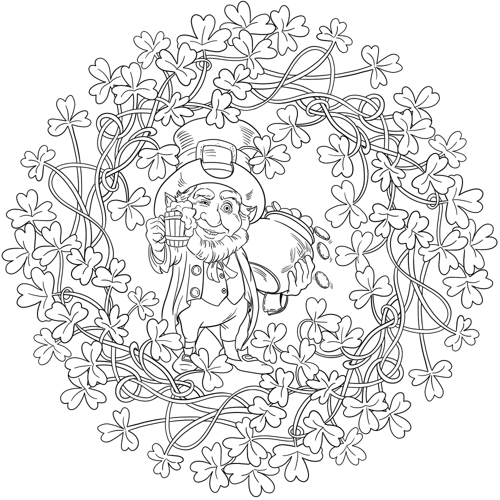 Saint Patricks Day Mandala With Leprechaun Holding Glass Of Beer And Pot Of Gold Coloring Page Md Coloring Page — Free Printable — free printable coloring page