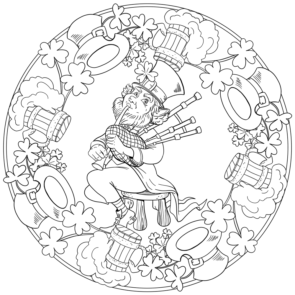 St Patricks Day Mandala With Leprechaun Playing Bagpipes Hats And Beer Coloring Page Md Coloring Page — Free Printable — free printable coloring page
