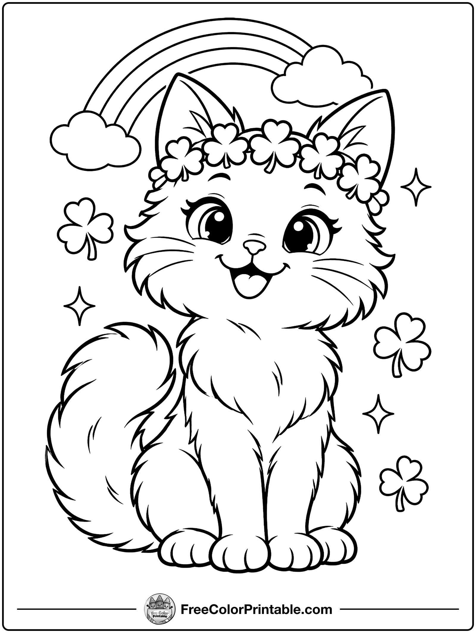 Cat with a Clover Crown Coloring Page — free color printable