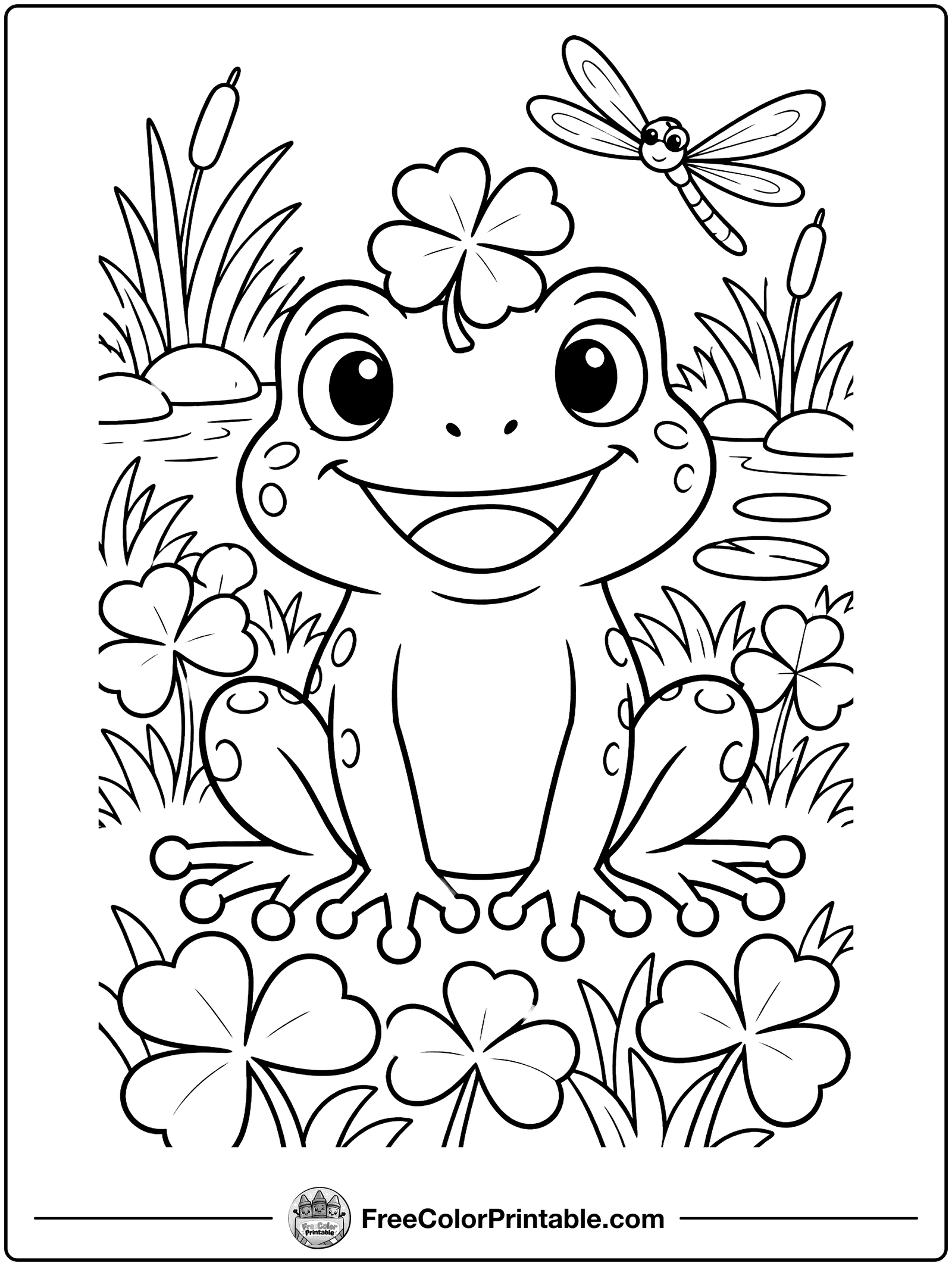 Frog in a Clover Patch Coloring Page — free color printable