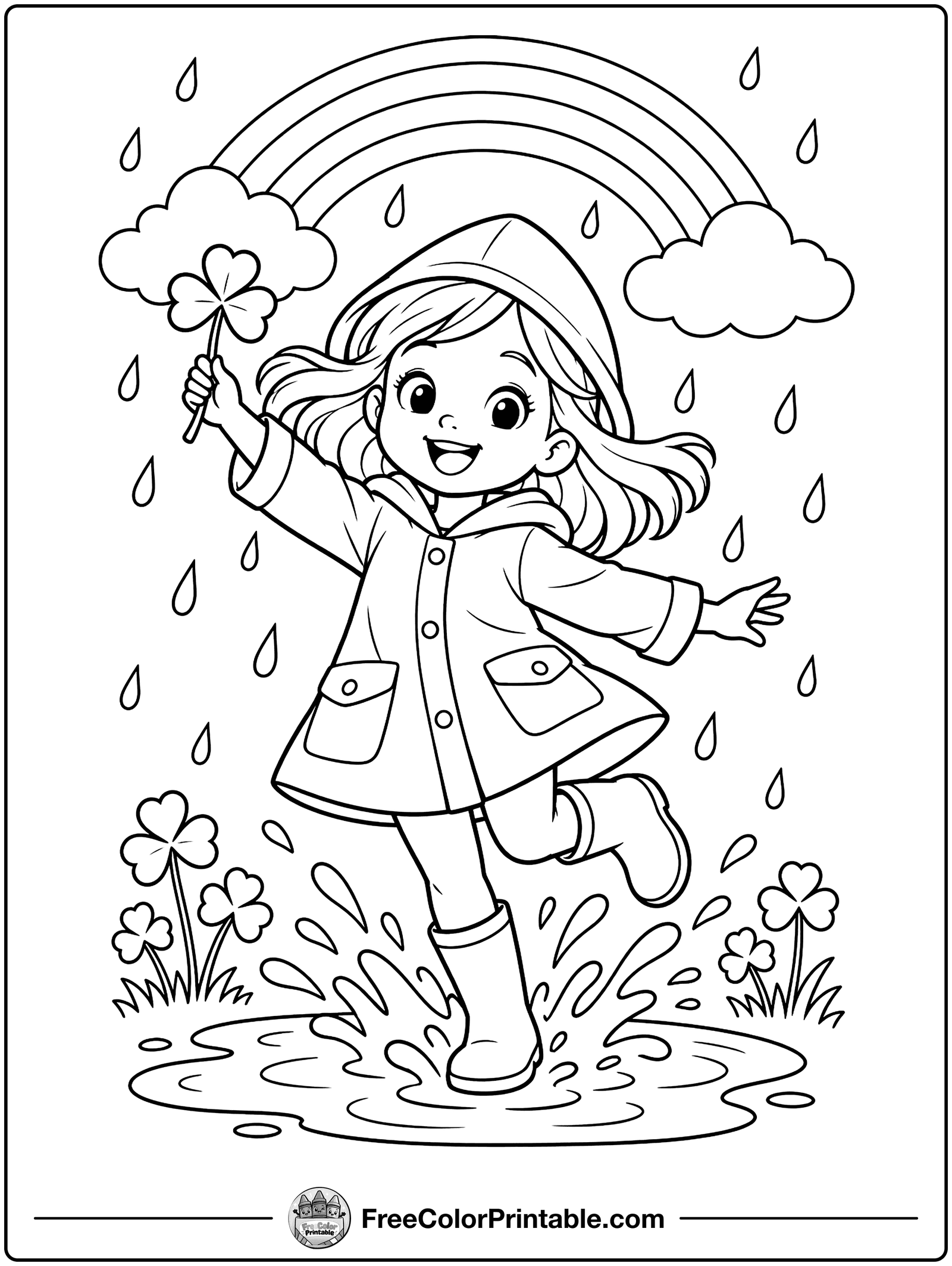 Splashing in Green Rain Boots Coloring Page — free color printable