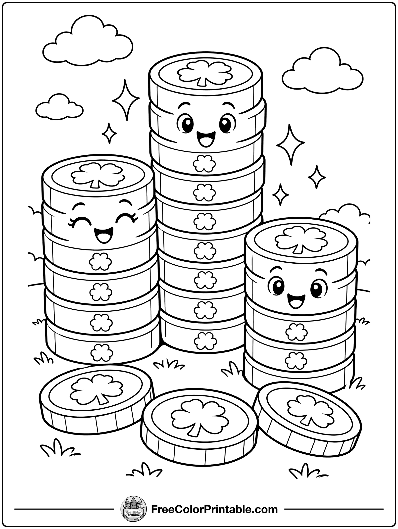 Stack of Lucky Gold Coins Coloring Page — free color printable