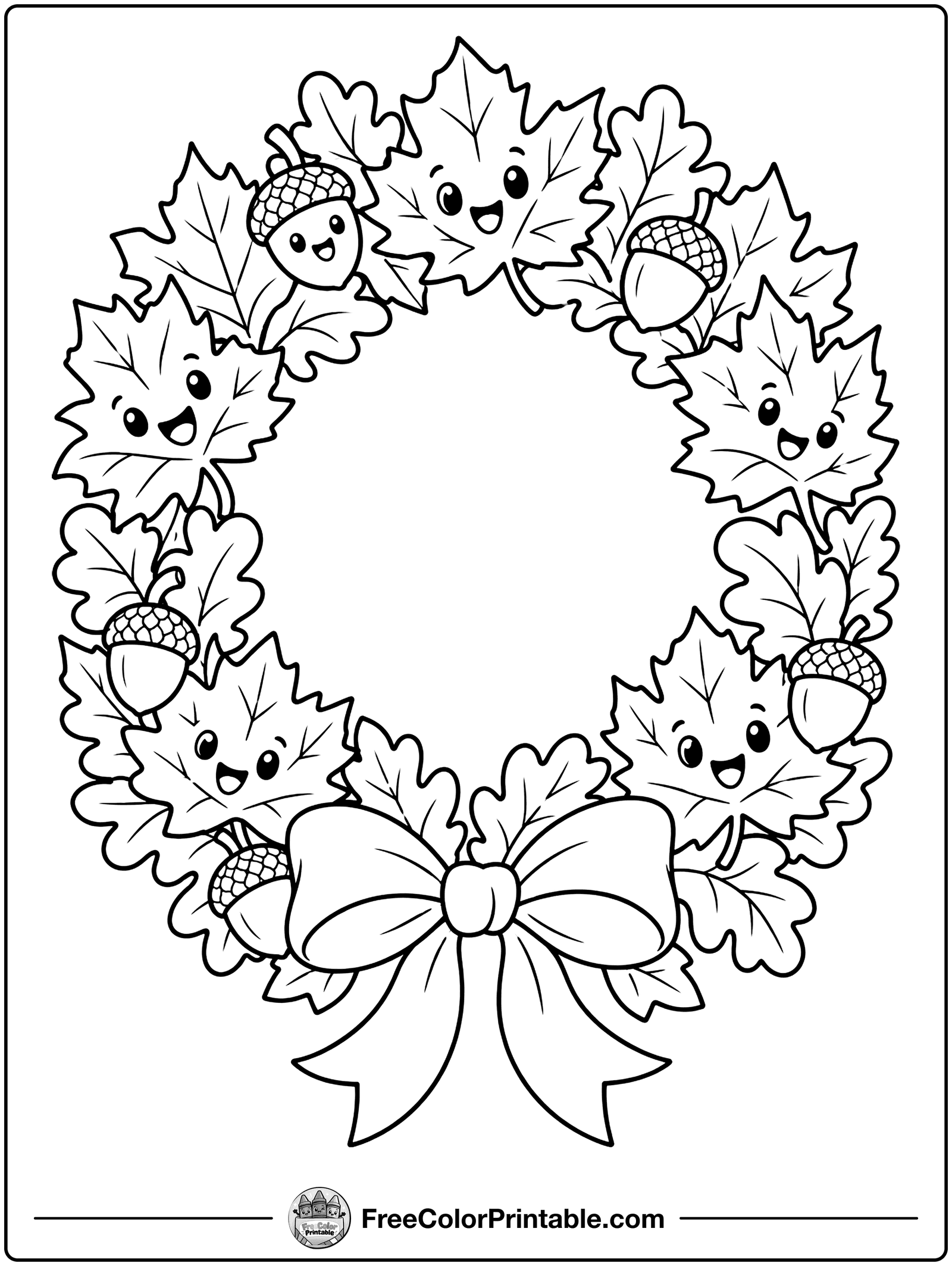 Autumn Leaves Wreath Coloring Page — free color printable