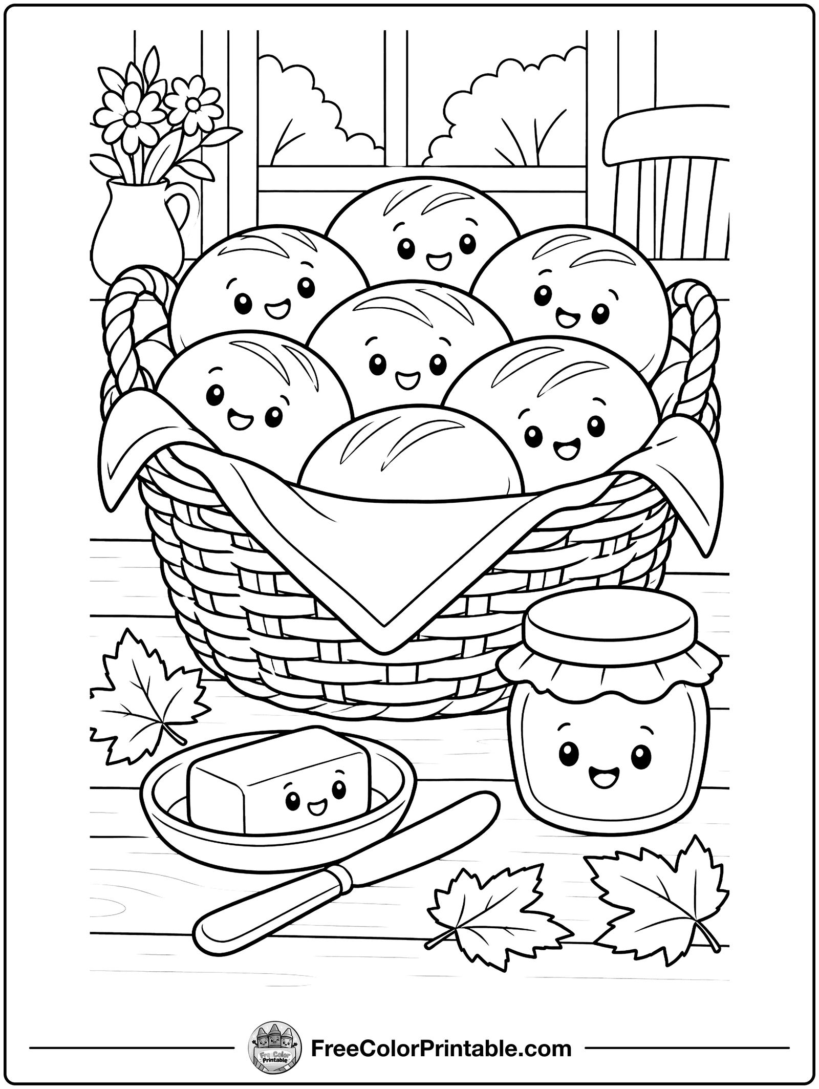 Basket of Dinner Rolls Coloring Page — free color printable