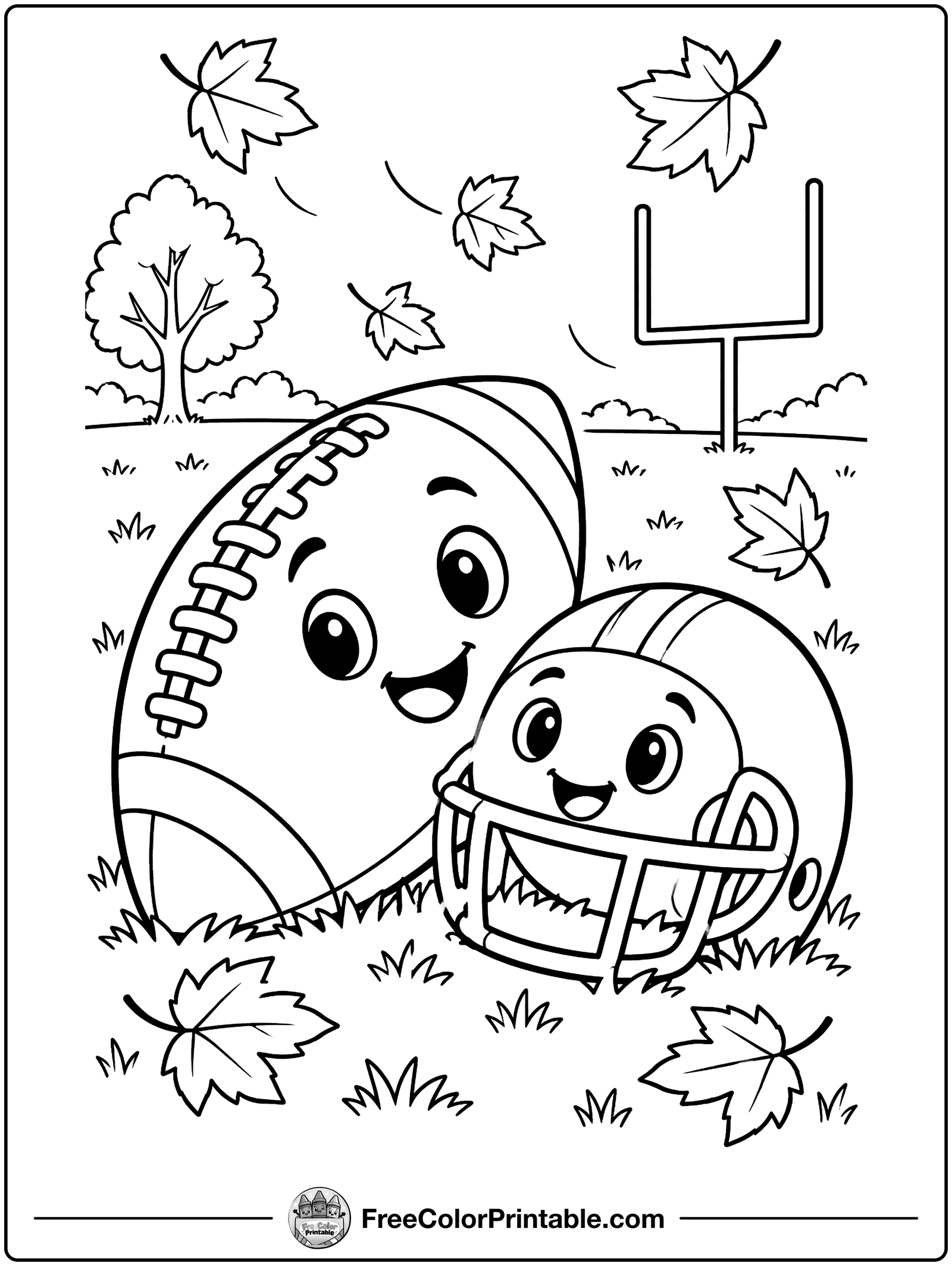 Football and Autumn Leaves Coloring Page — free color printable