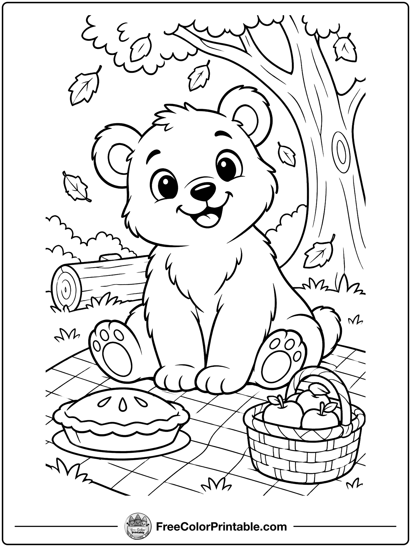 Bear Cub's Autumn Picnic Coloring Page — free color printable