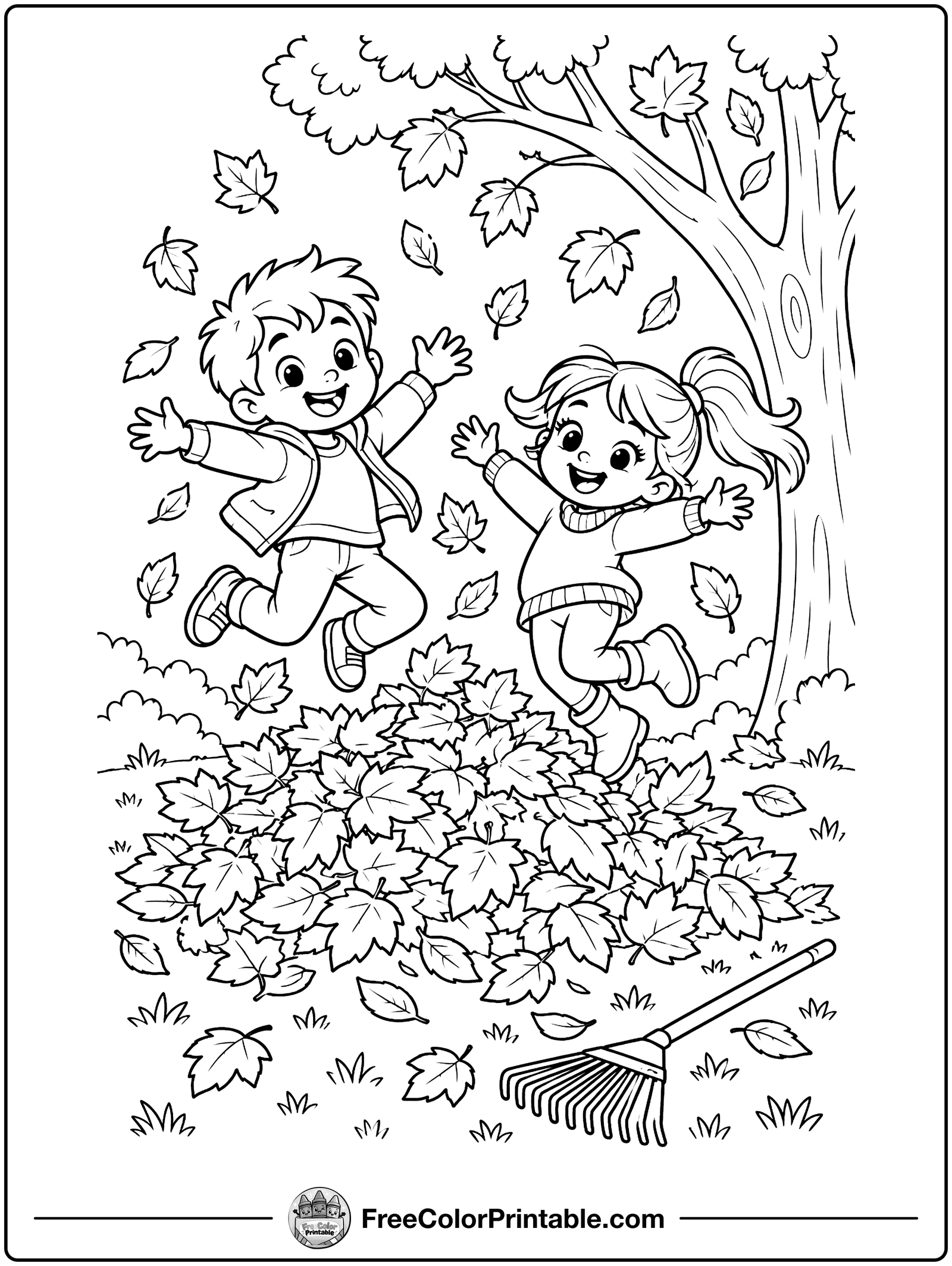 Kids Jumping in Autumn Leaves Coloring Page — free color printable