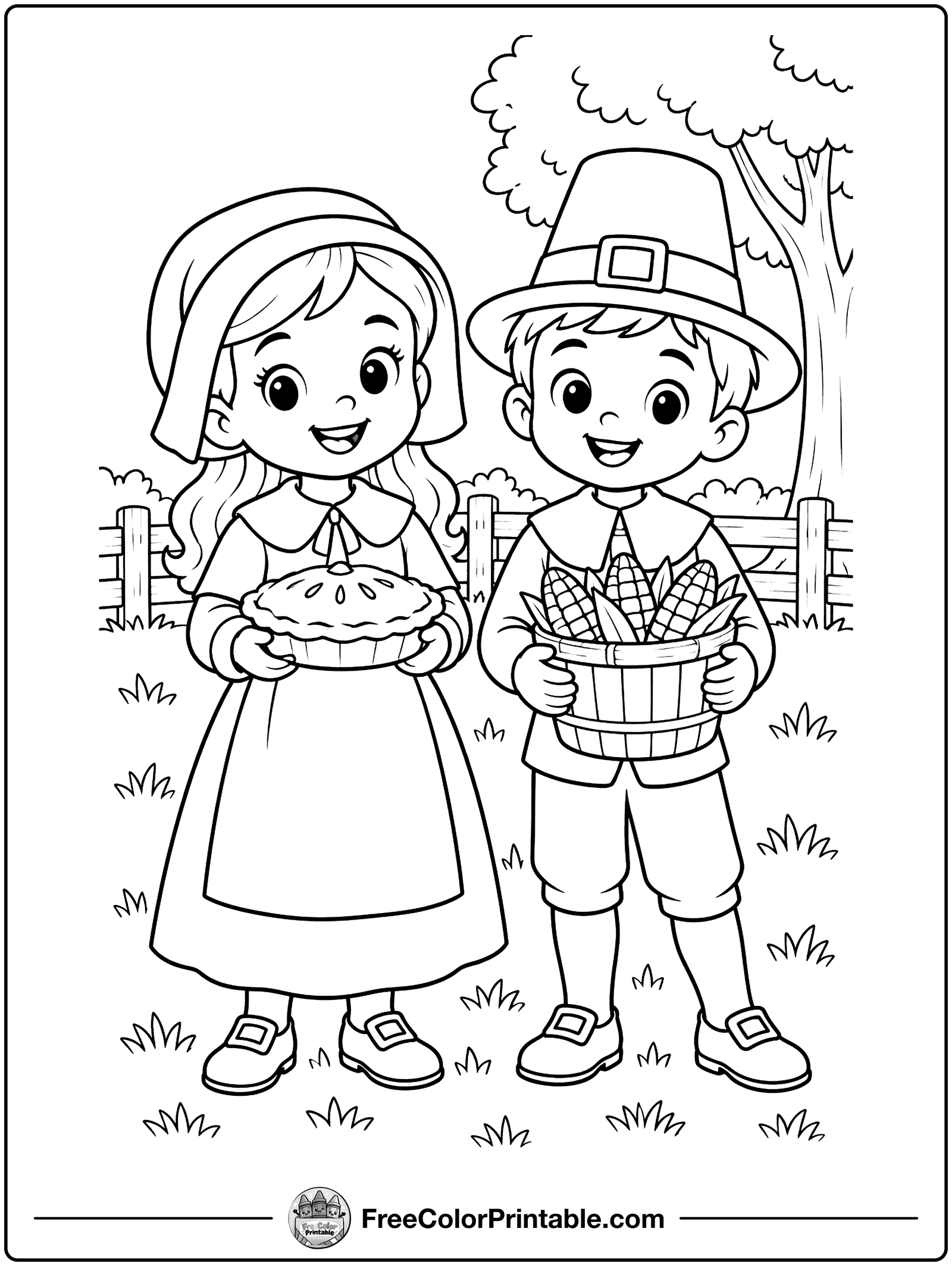 Pilgrim Kids with Pie and Corn Coloring Page — free color printable