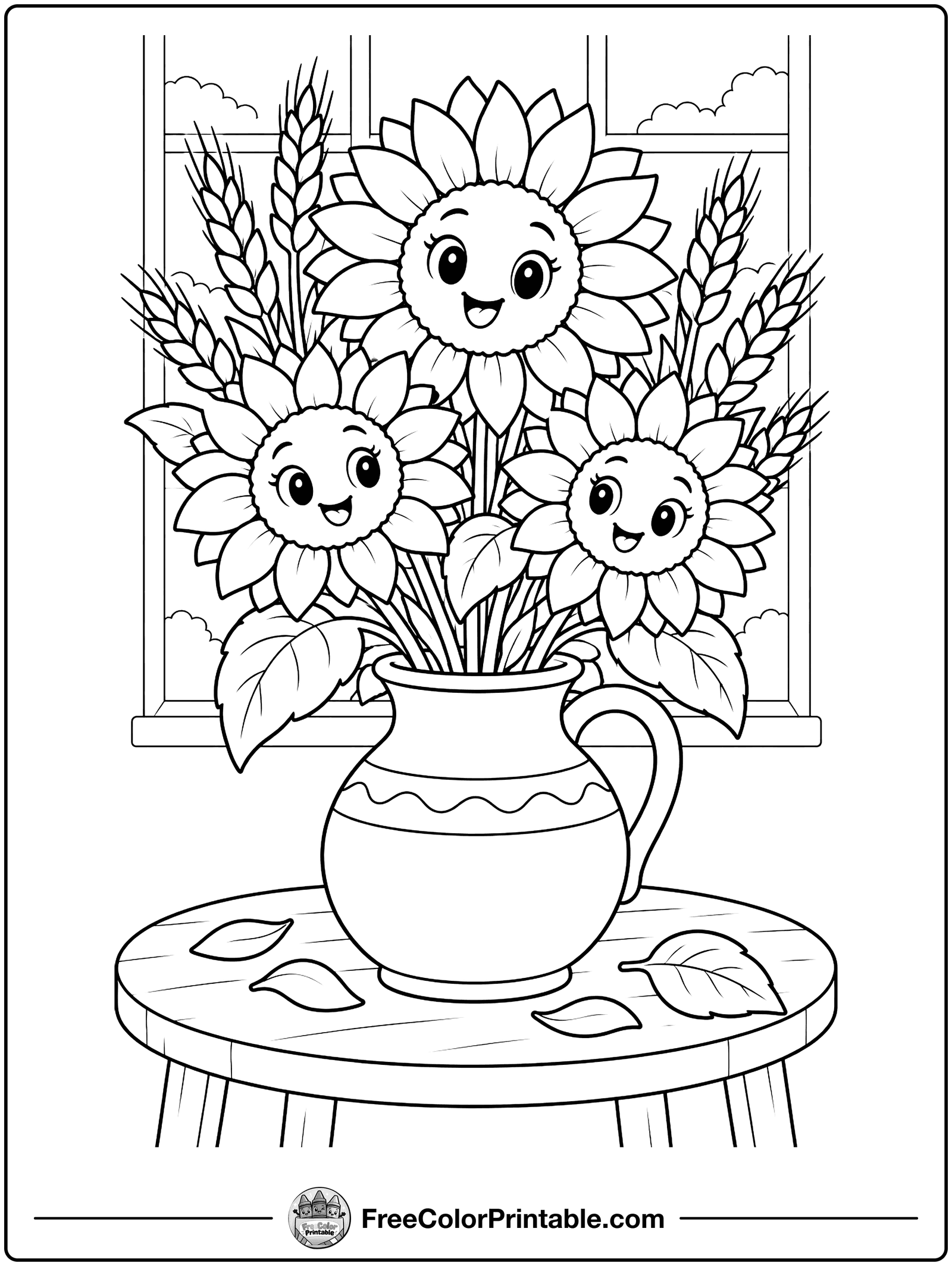 Sunflowers and Wheat in a Jug Coloring Page — free color printable