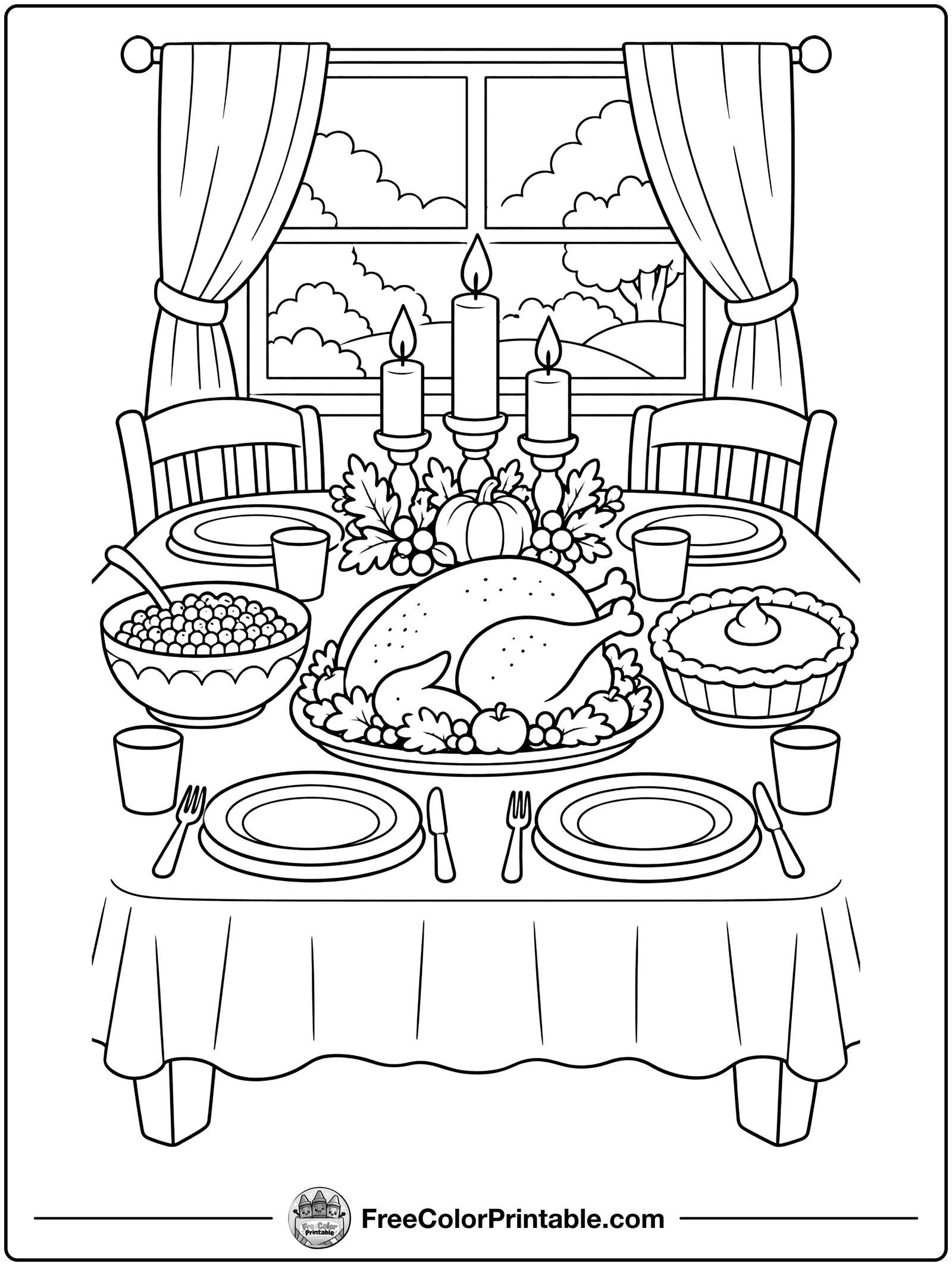Thanksgiving Dinner Table Coloring Page — free color printable