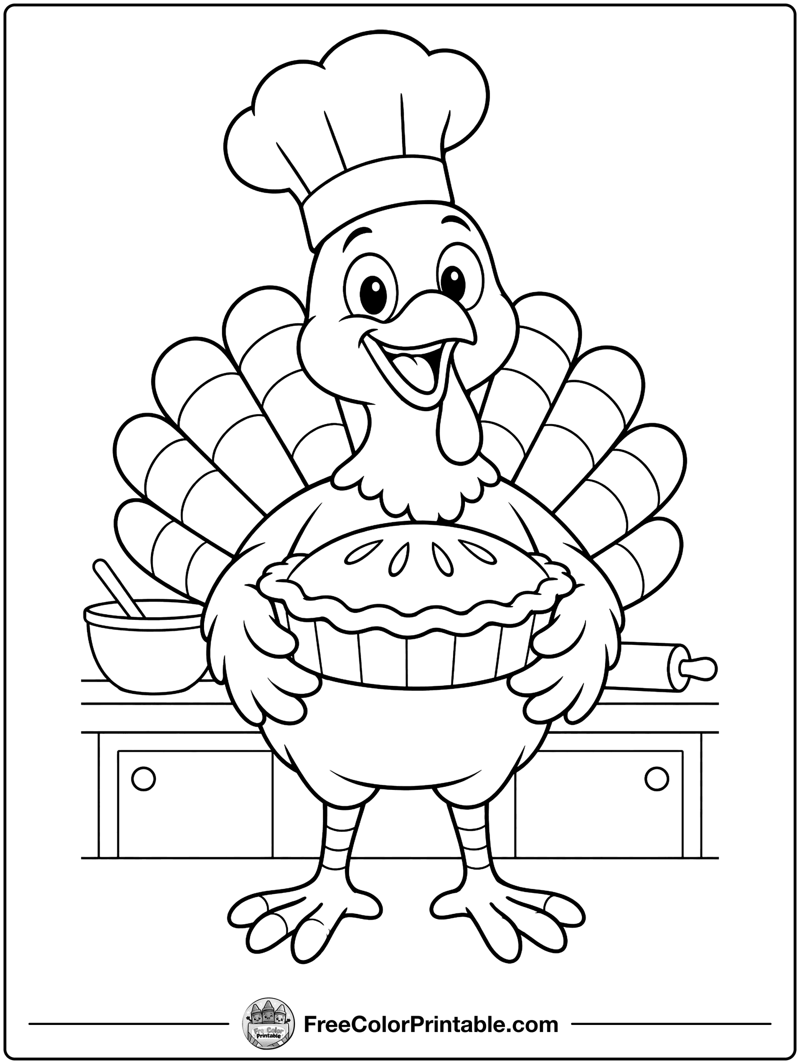 Turkey Chef Baking a Pie Coloring Page — free color printable
