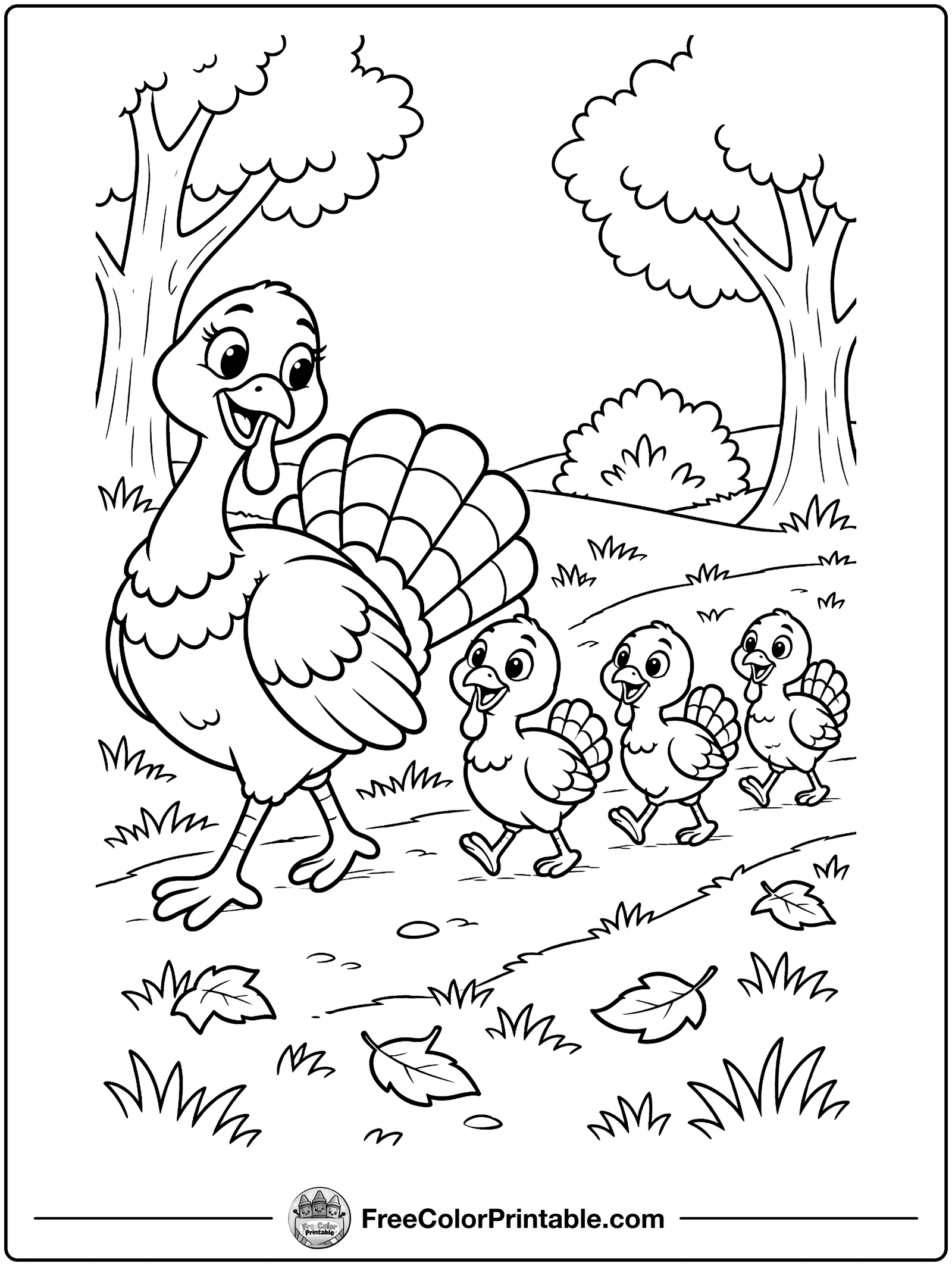 Turkey Family Walking Together Coloring Page — free color printable