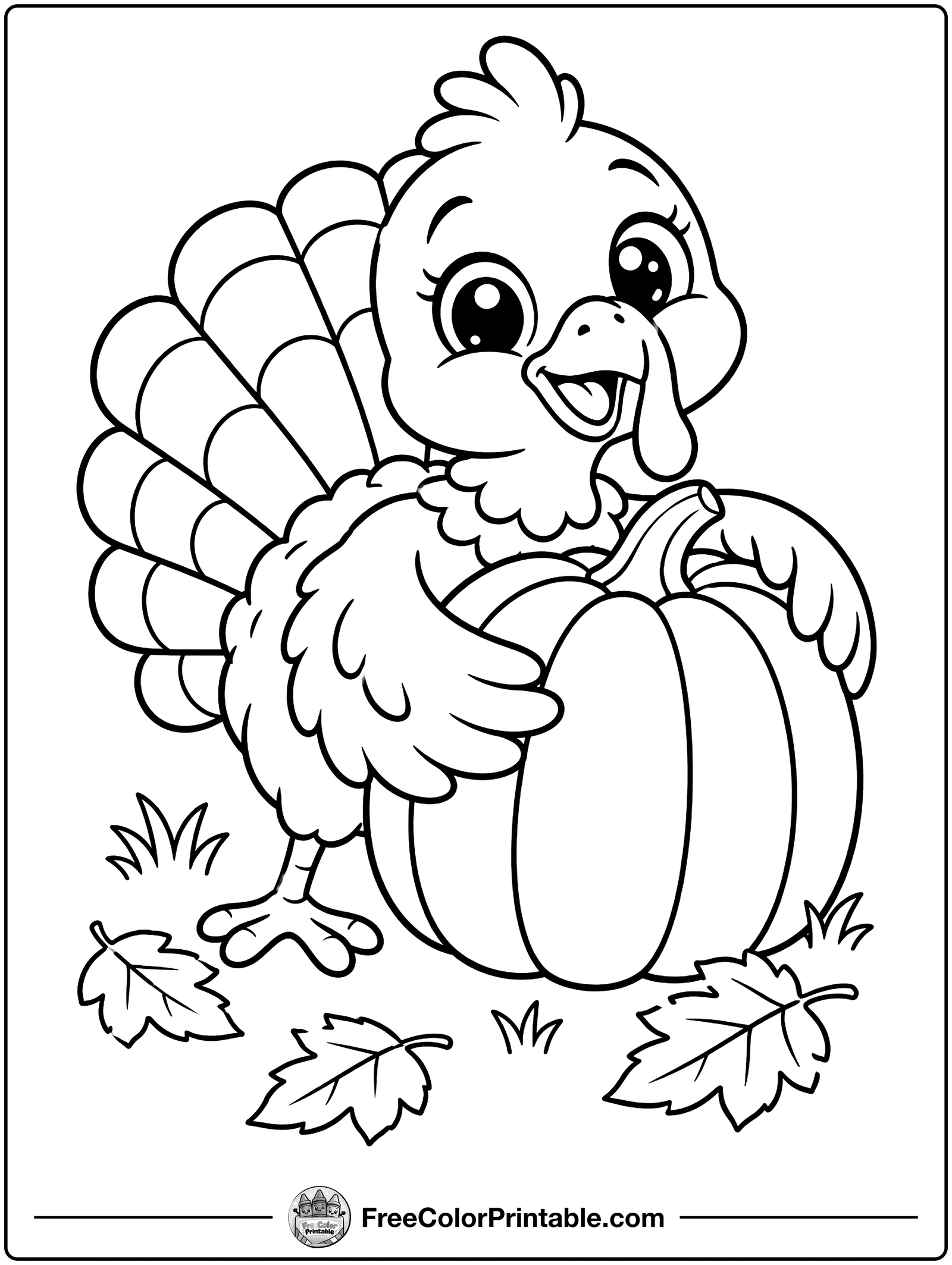 Turkey Hugging a Pumpkin Coloring Page — free color printable