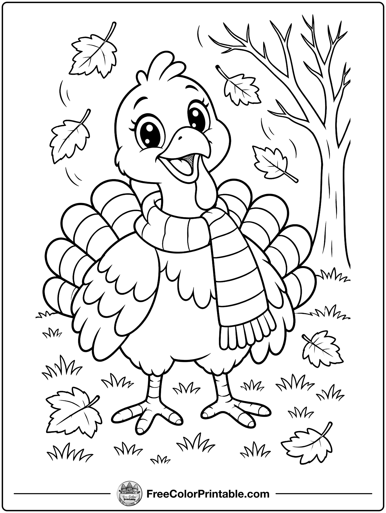 Turkey in a Cozy Scarf Coloring Page — free color printable