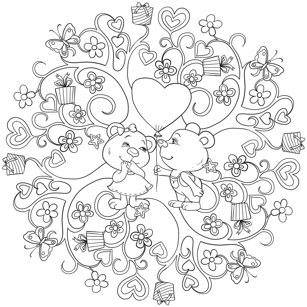 St Valentine Mandala With Two Cute Bears Coloring Page Md Coloring Page — Free Printable — free printable coloring page