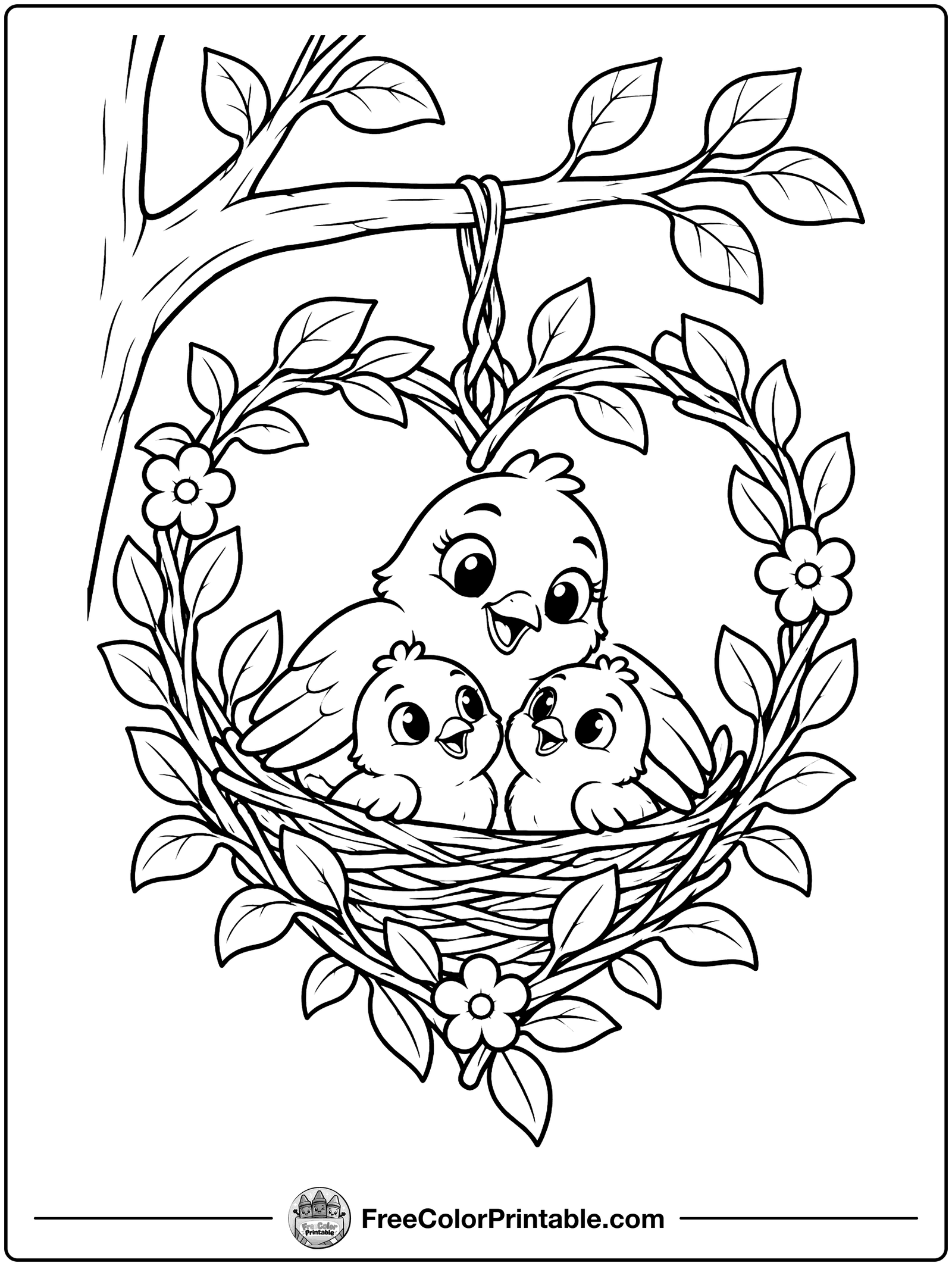 Bird Family in a Heart Wreath Coloring Page — free color printable