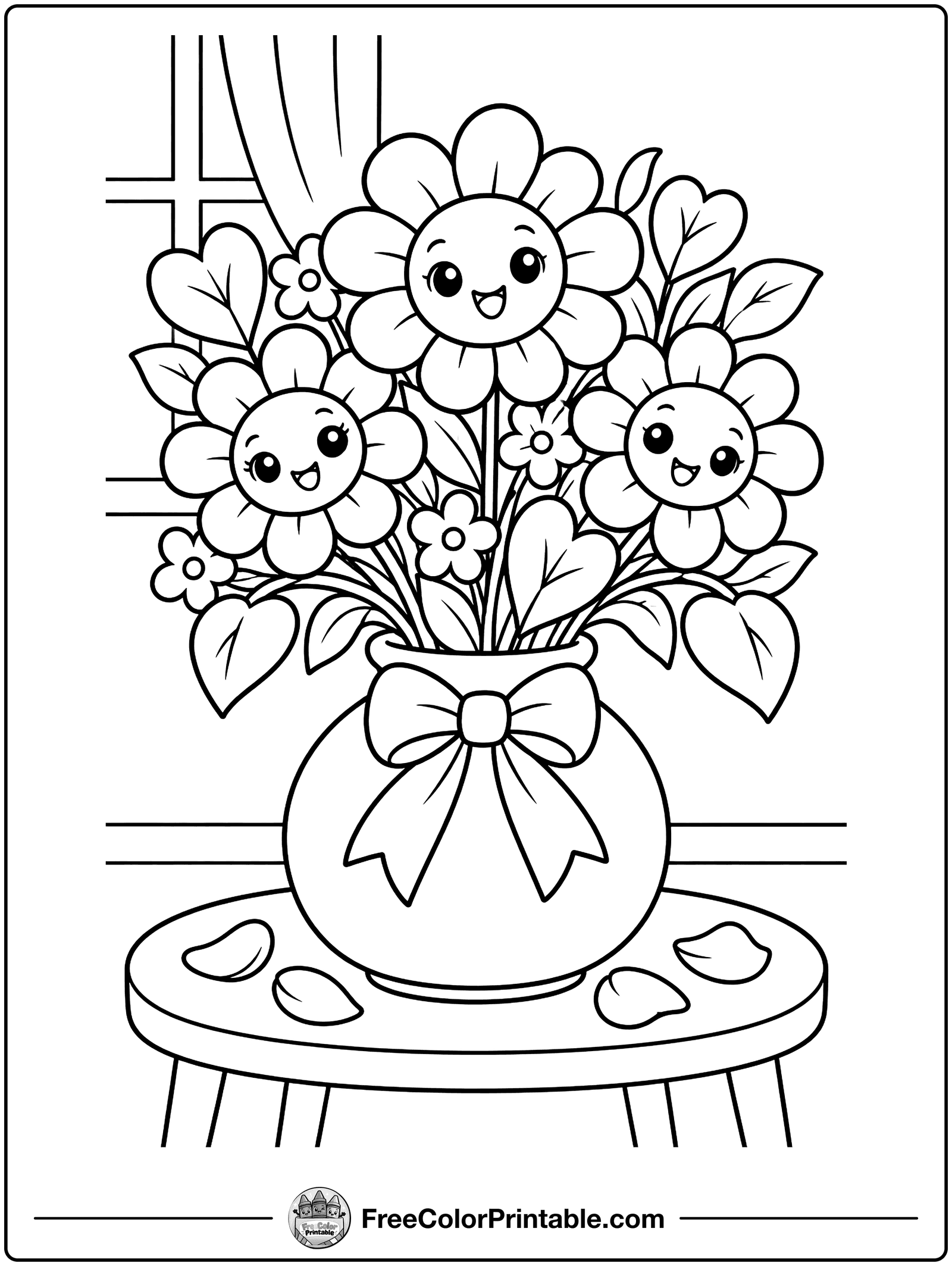 Bouquet of Hearts and Flowers Coloring Page — free color printable