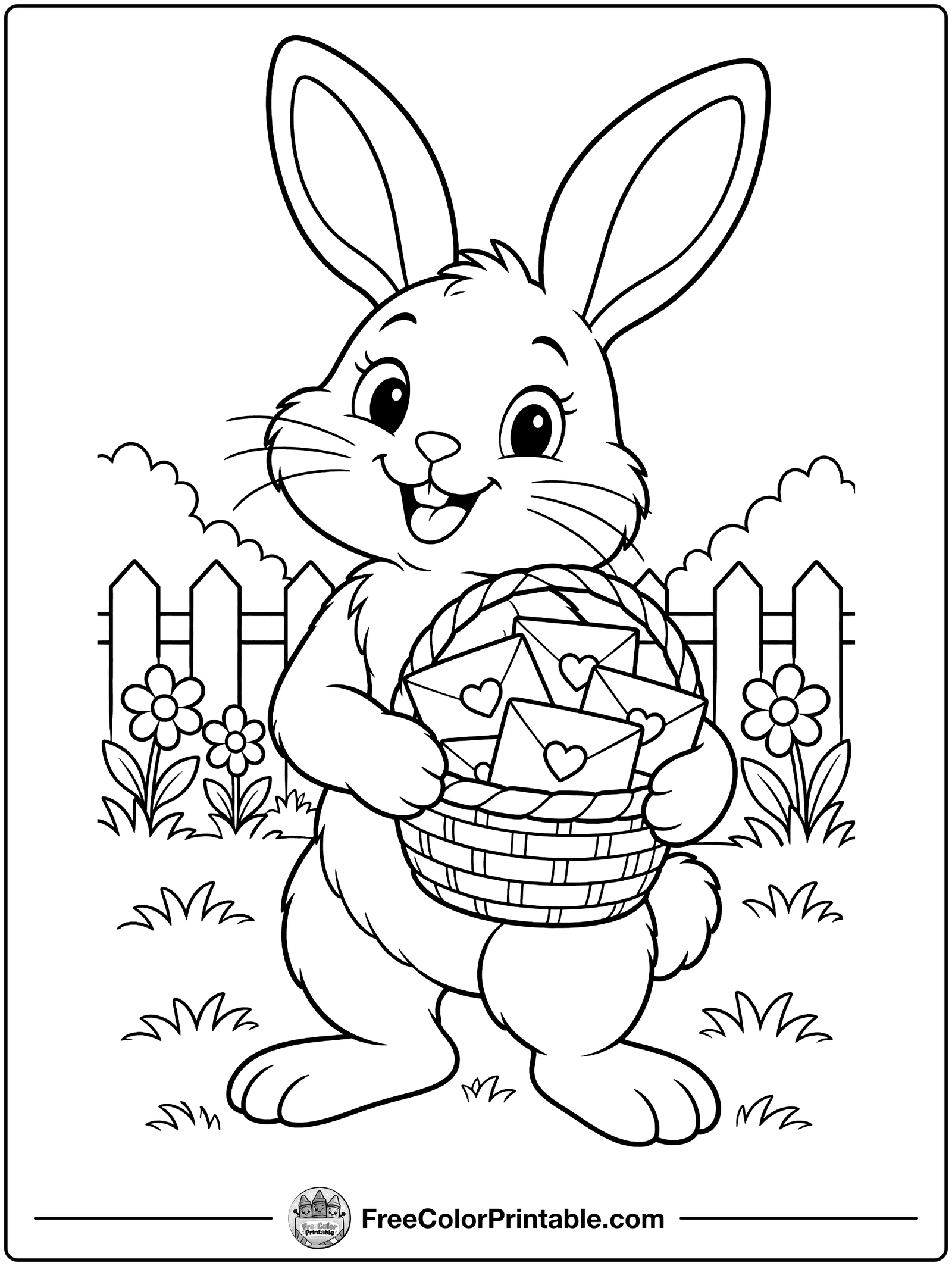 Bunny Delivering Valentines Coloring Page — free color printable