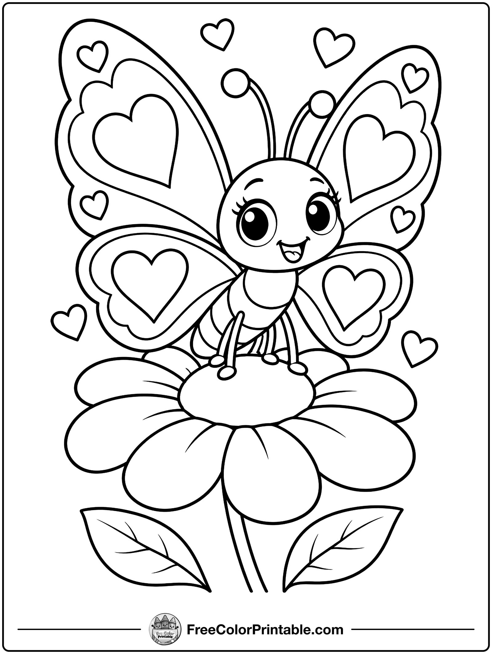 Butterfly with Heart Wings Coloring Page — free color printable