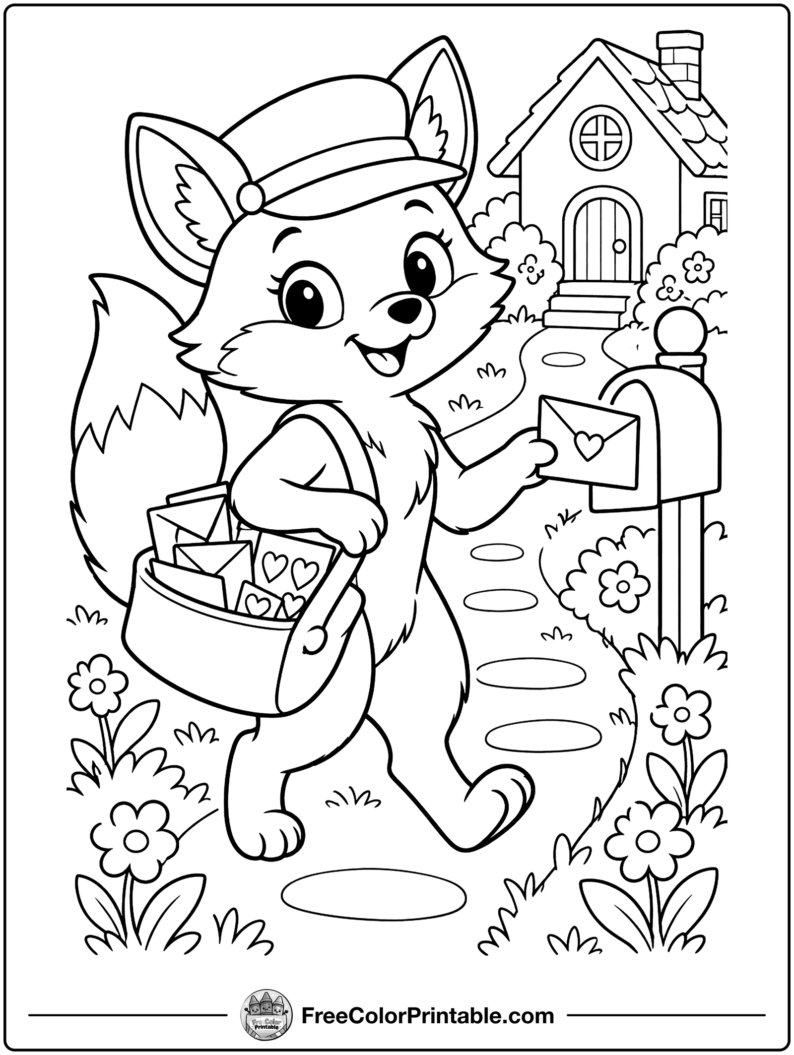 Fox Mail Carrier with Valentines Coloring Page — free color printable
