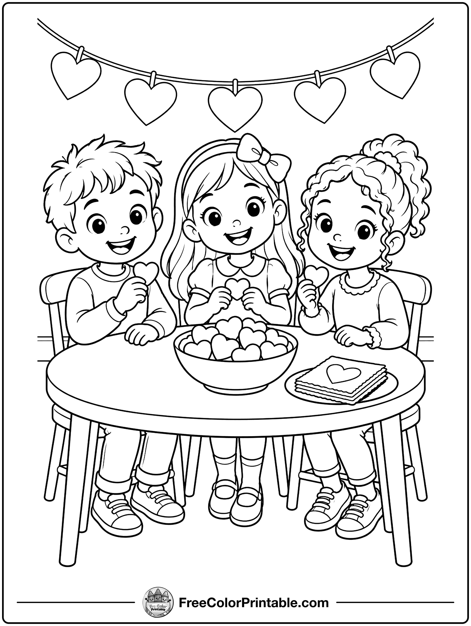 Friends Sharing Candy Hearts Coloring Page — free color printable