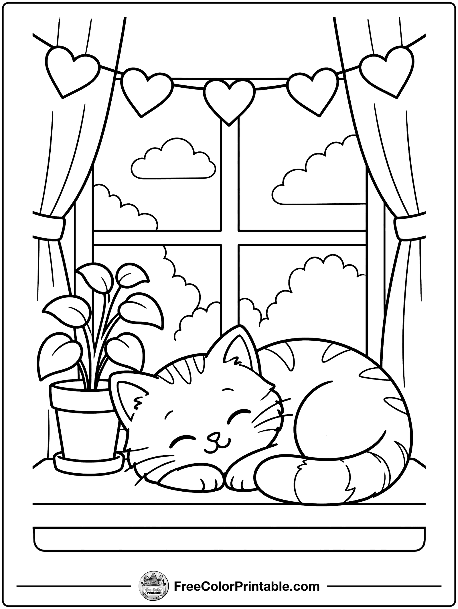 Heart Garland in the Window Coloring Page — free color printable