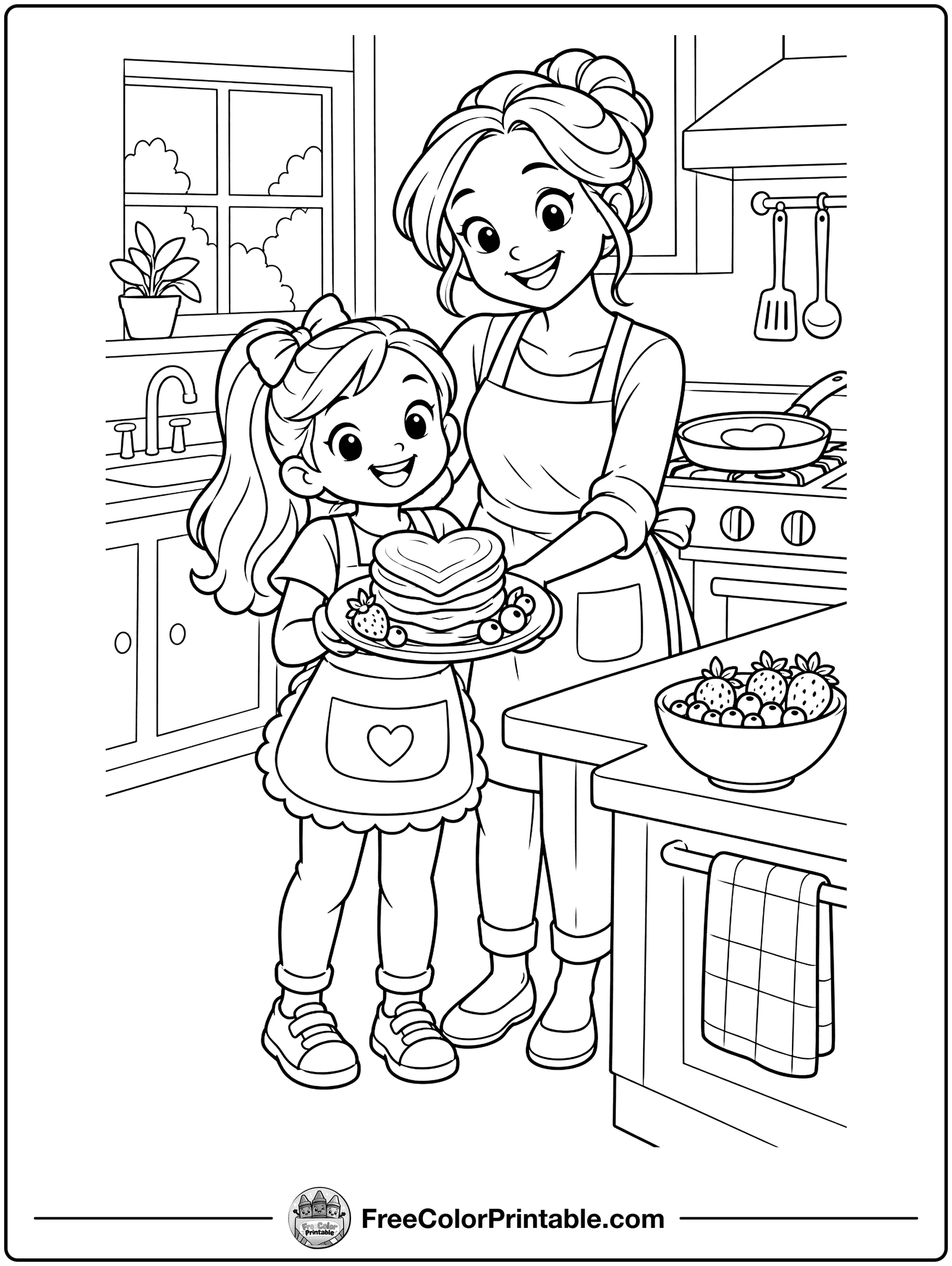 Heart Pancakes for Breakfast Coloring Page — free color printable