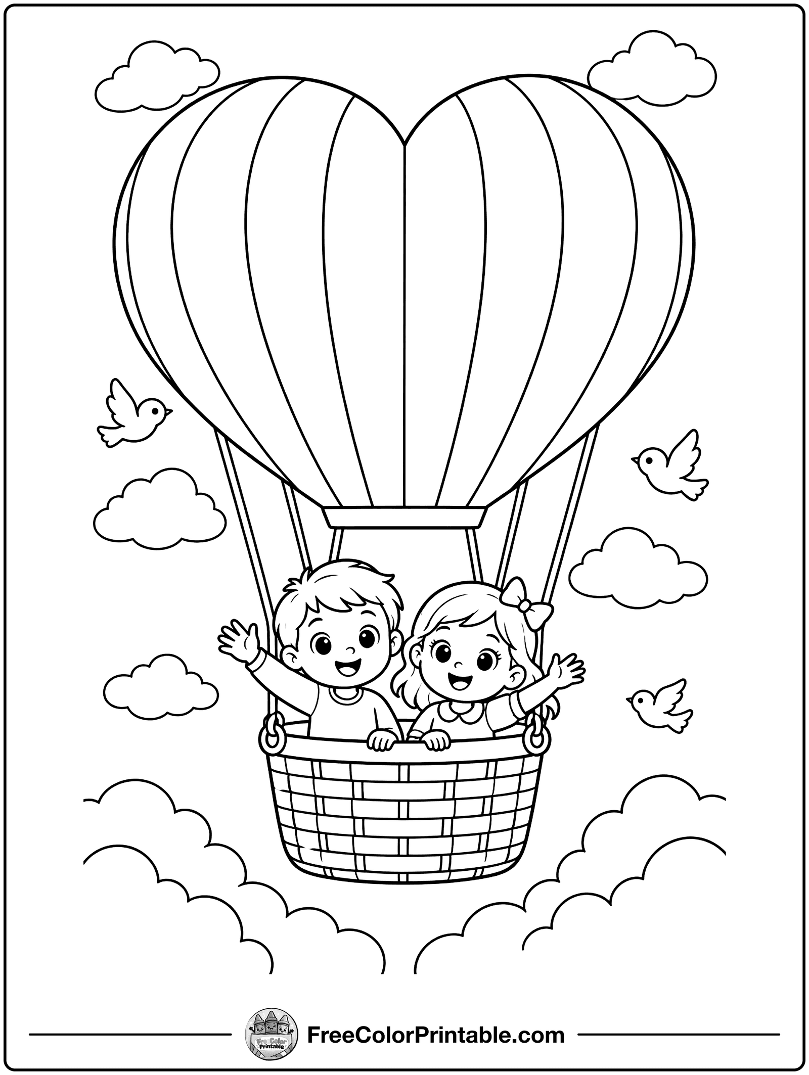 Heart-Shaped Hot Air Balloon Coloring Page — free color printable