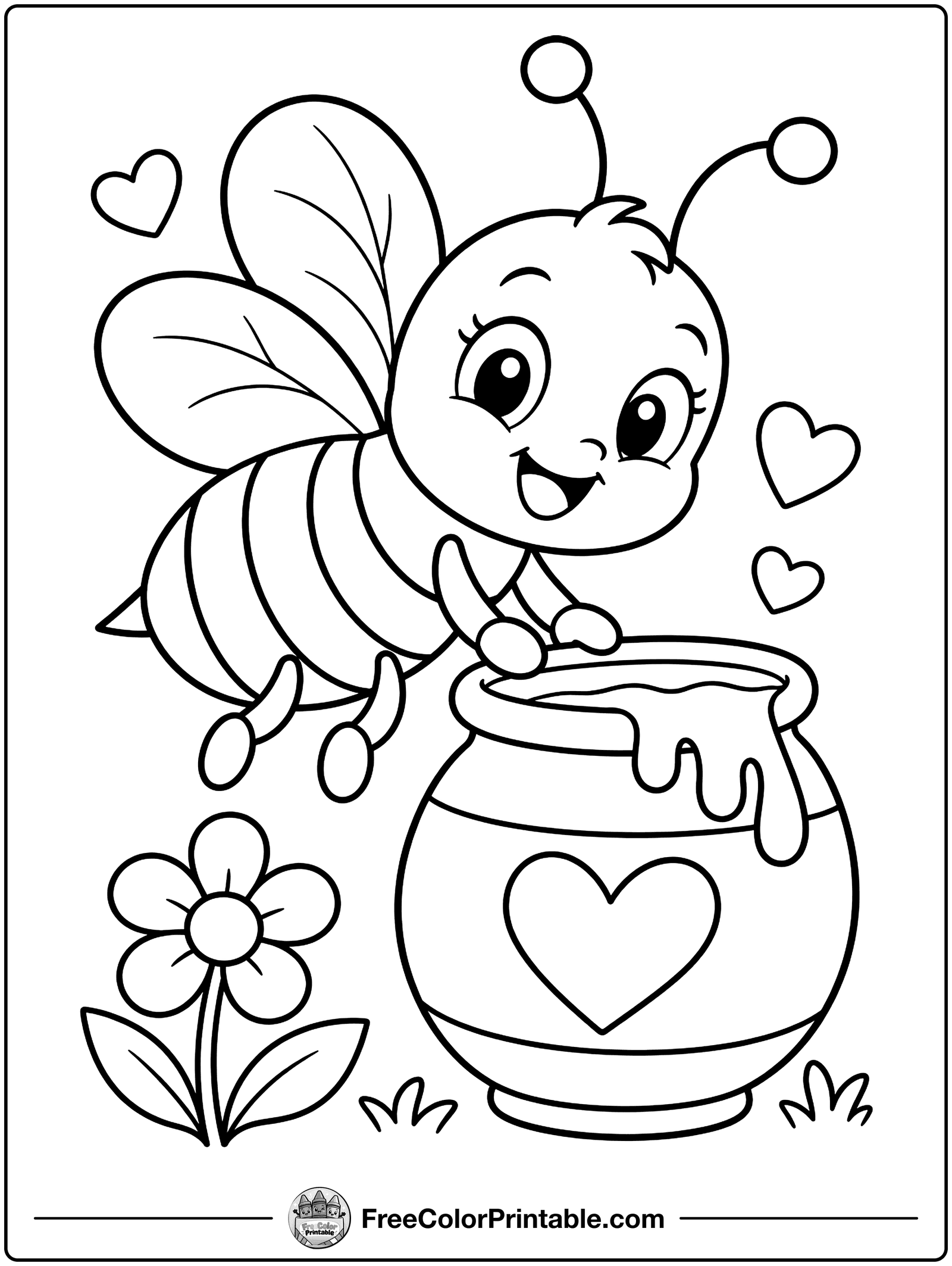 Honeybee and Heart Honey Jar Coloring Page — free color printable