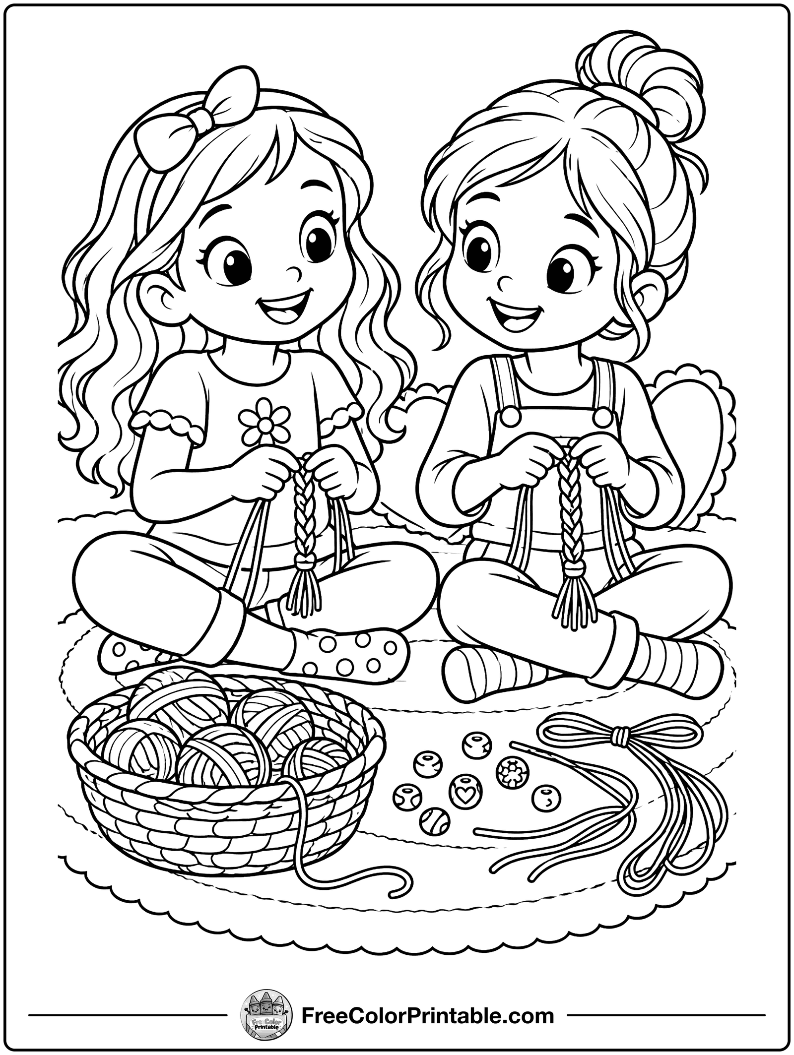 Kids Making Friendship Bracelets Coloring Page — free color printable