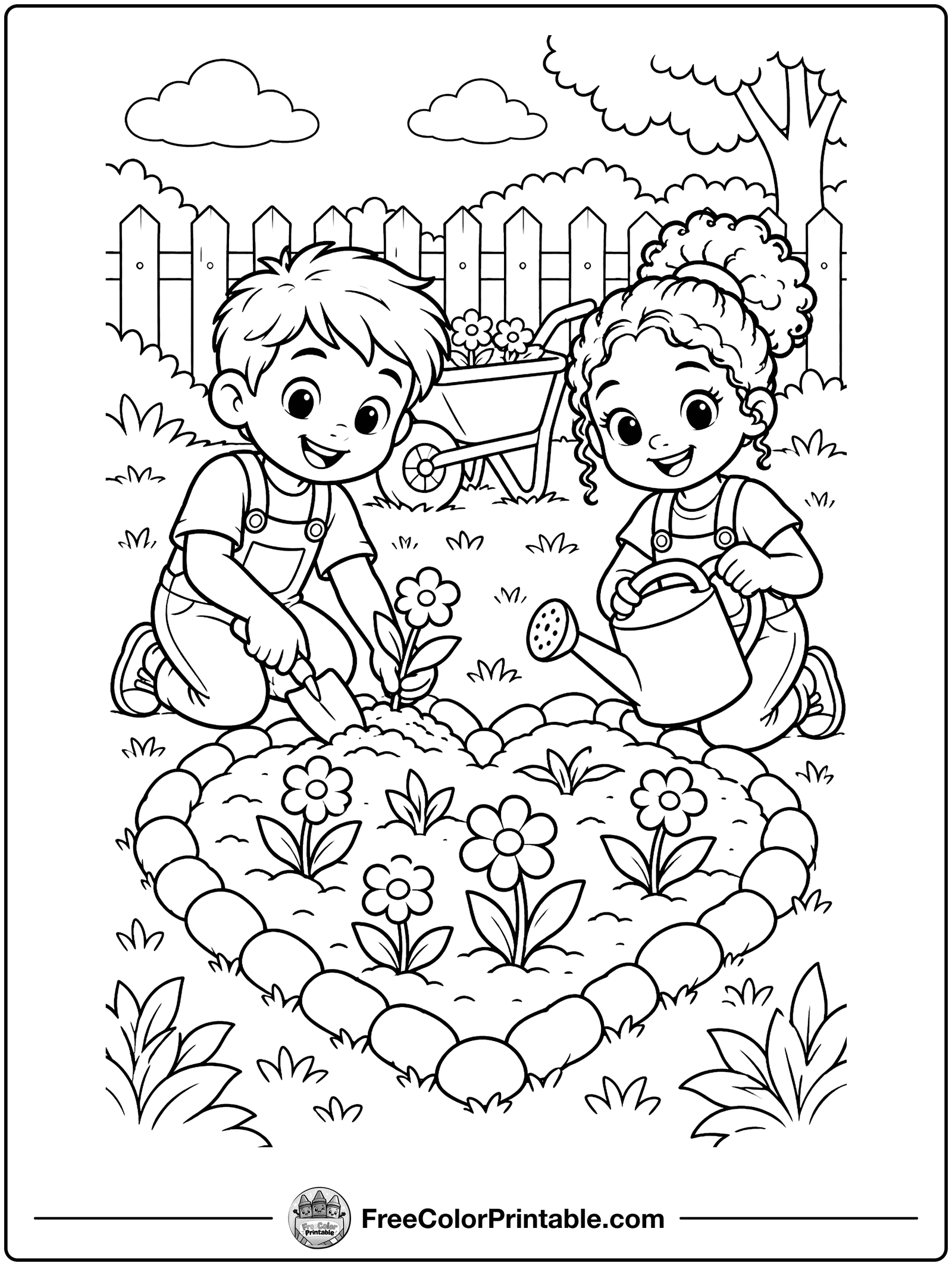 Kids Planting a Heart Garden Coloring Page — free color printable