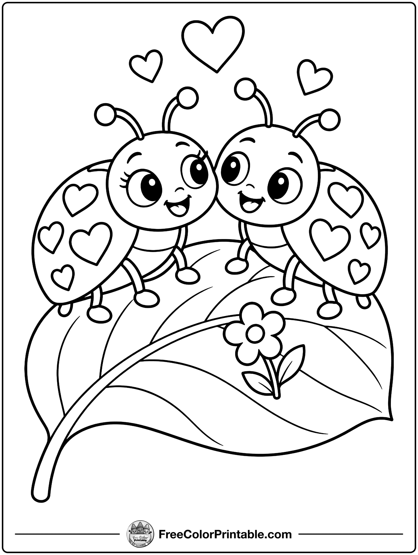 Ladybugs with Heart Spots Coloring Page — free color printable