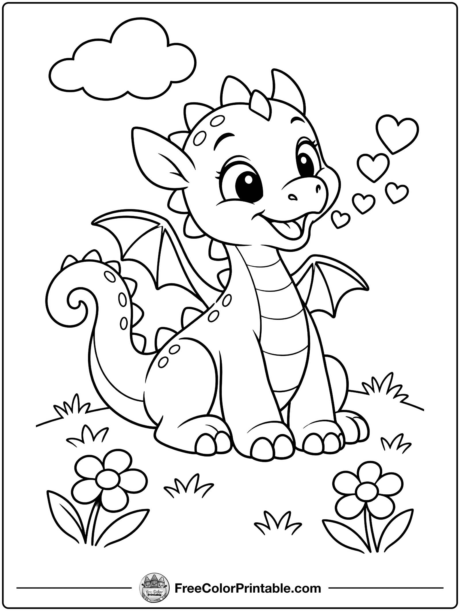 Little Dragon Breathing Hearts Coloring Page — free color printable